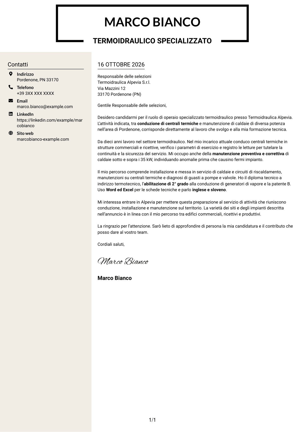 Lettera di presentazione Intraprendente (formato a due colonne con intestazione centrata senza foto): Operaio specializzato termoidraulico - Conduzione di generatori di vapore, pagina 1
