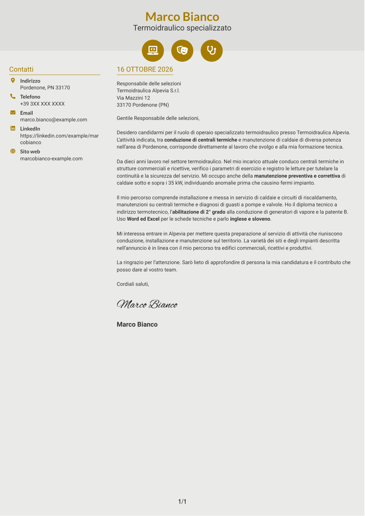 Lettera di presentazione Dinamico (formato a due colonne con icone): Operaio specializzato termoidraulico - Conduzione di generatori di vapore, pagina 1
