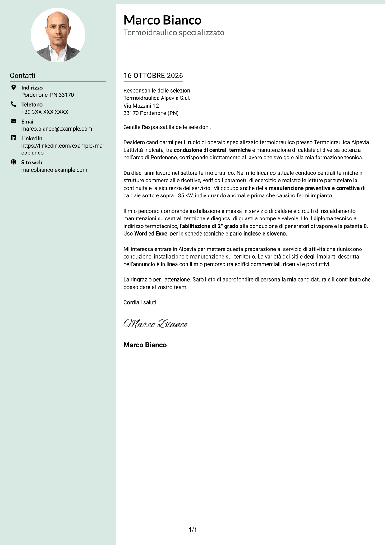 Lettera di presentazione Dirigente (formato con colonna laterale tenue e foto arrotondata): Operaio specializzato termoidraulico - Conduzione di generatori di vapore, pagina 1