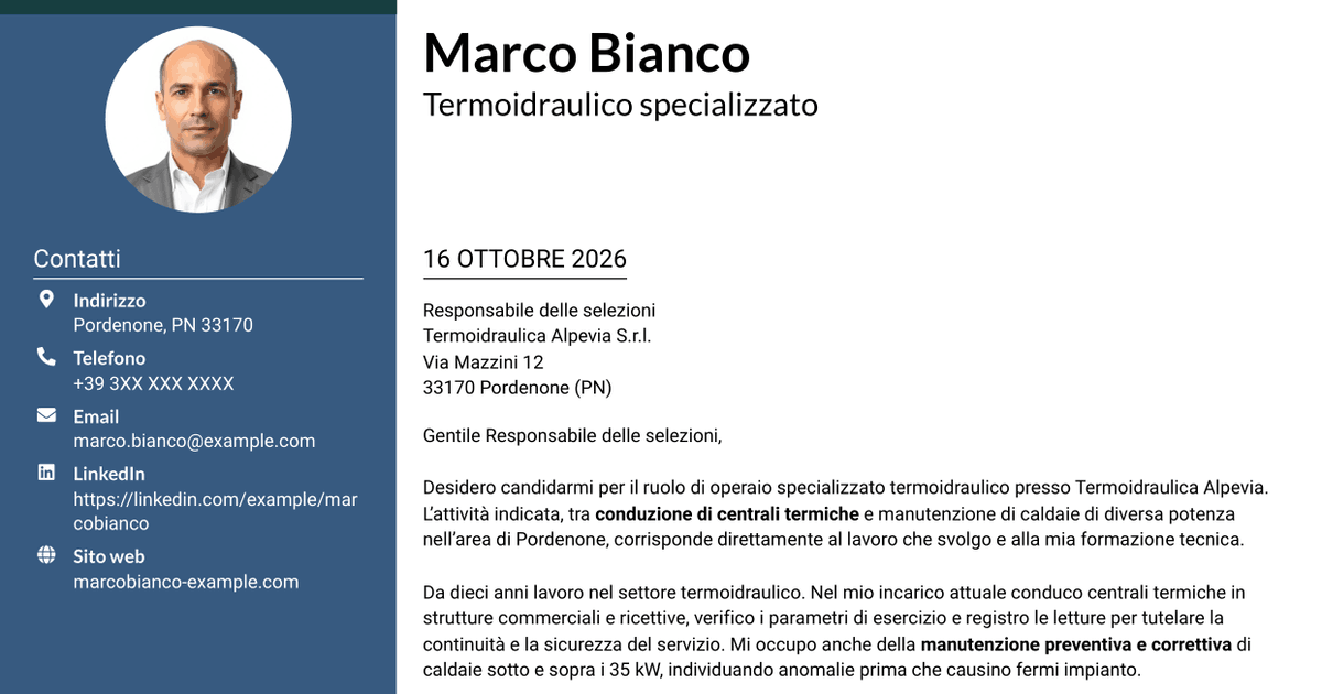 7 modelli di lettera di presentazione per Operaio specializzato termoidraulico - Conduzione di generatori di vapore, con esempi