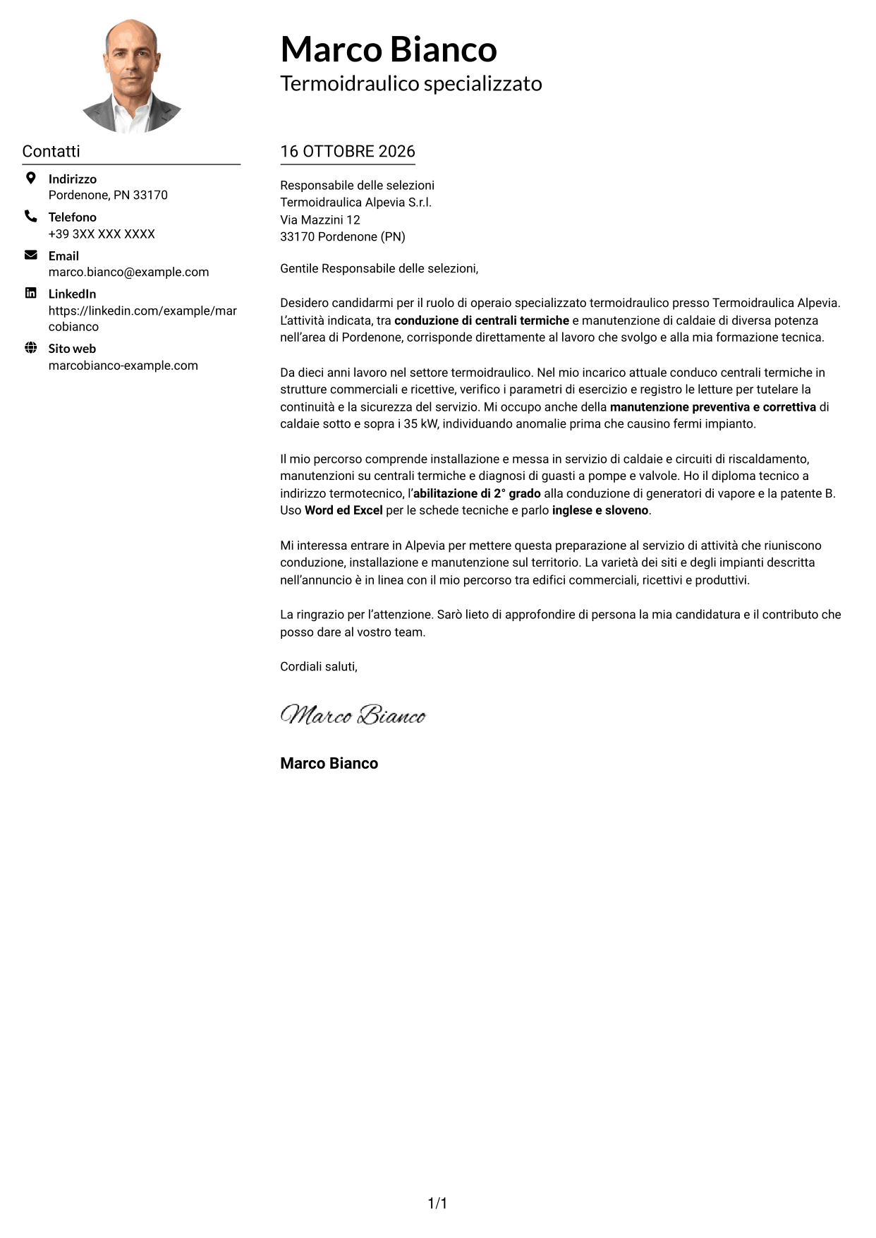 Esempio di lettera di presentazione — pagina 1