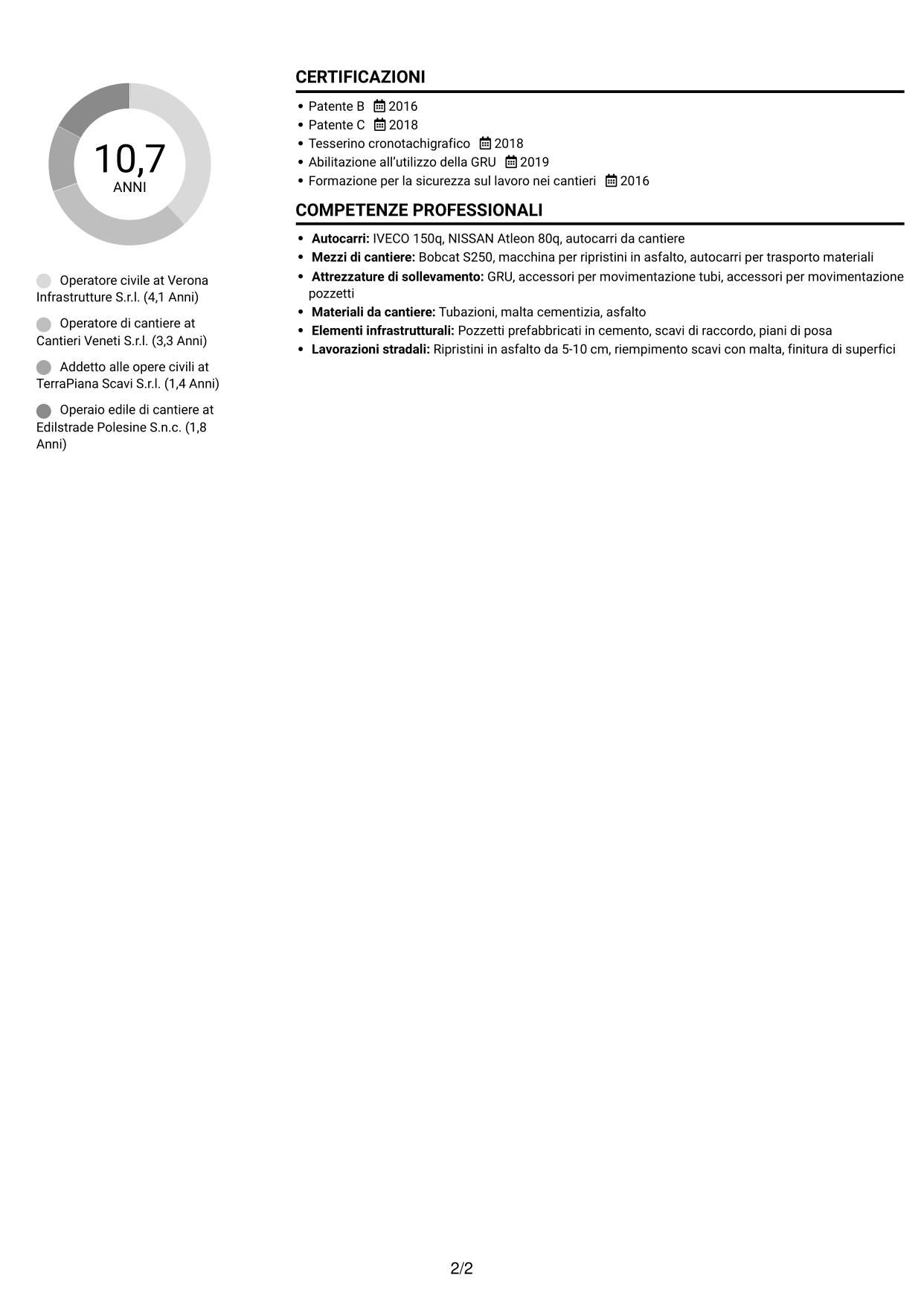 CV Compatto (formato sobrio a due colonne con foto): Operatore civile - Infrastrutture per telecomunicazioni, pagina 2