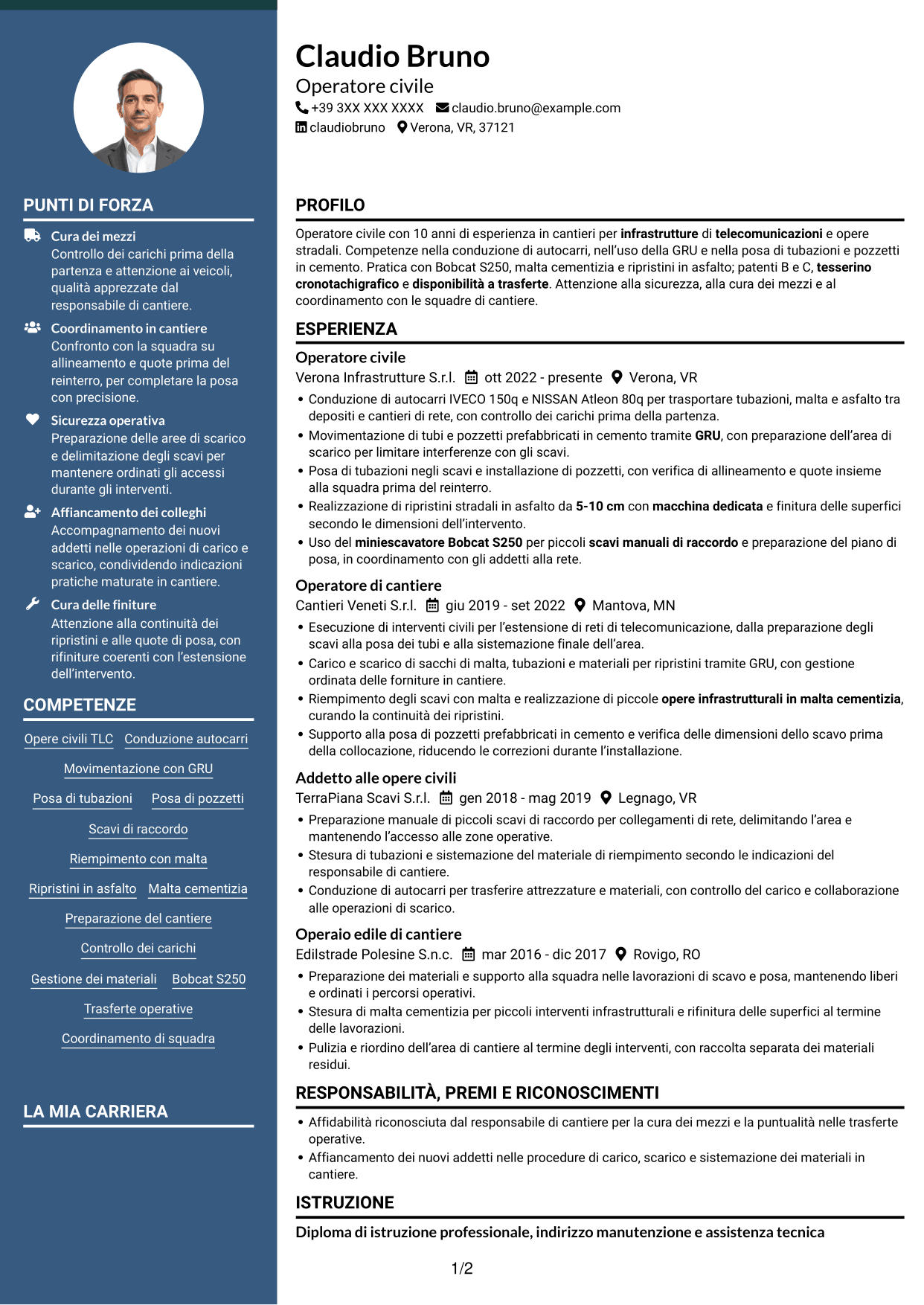 CV Elegante (formato con colonna laterale colorata e foto): Operatore civile - Infrastrutture per telecomunicazioni, pagina 1
