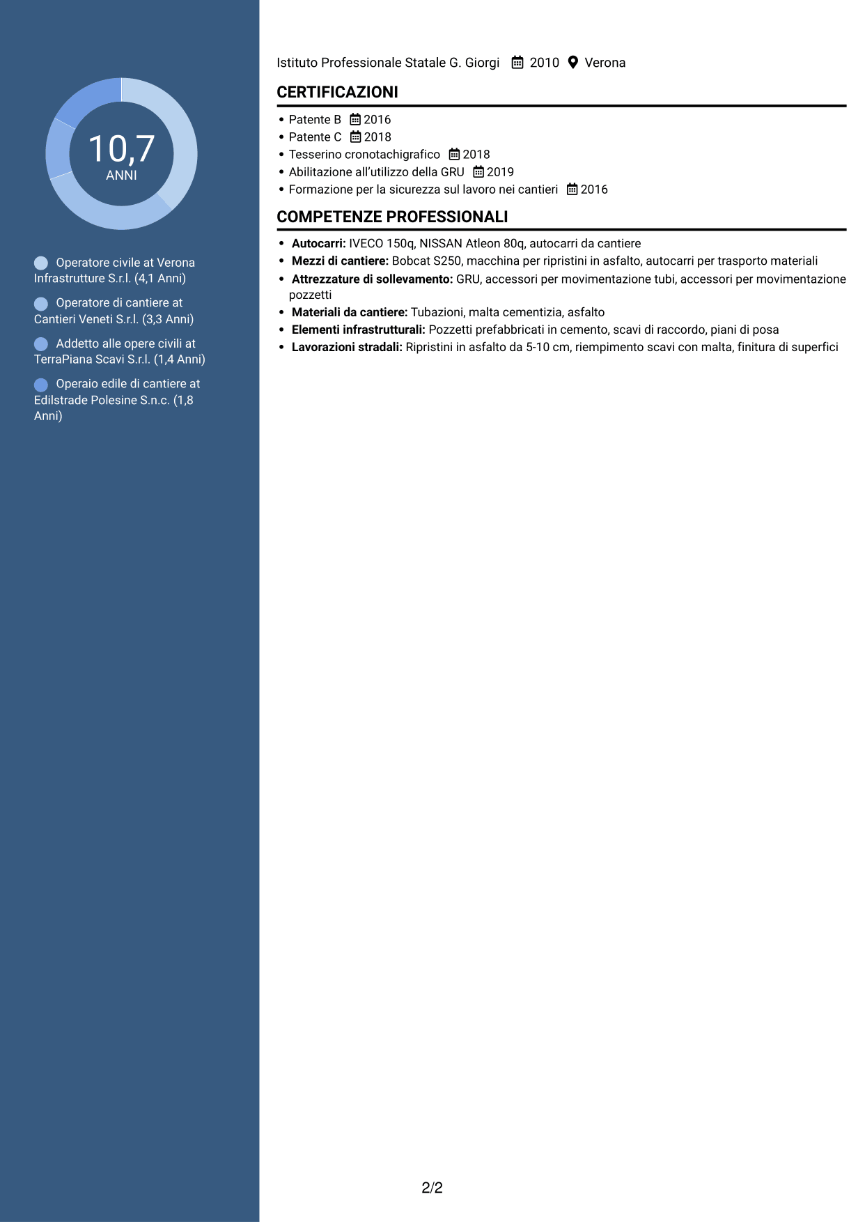 CV Elegante (formato con colonna laterale colorata e foto): Operatore civile - Infrastrutture per telecomunicazioni, pagina 2
