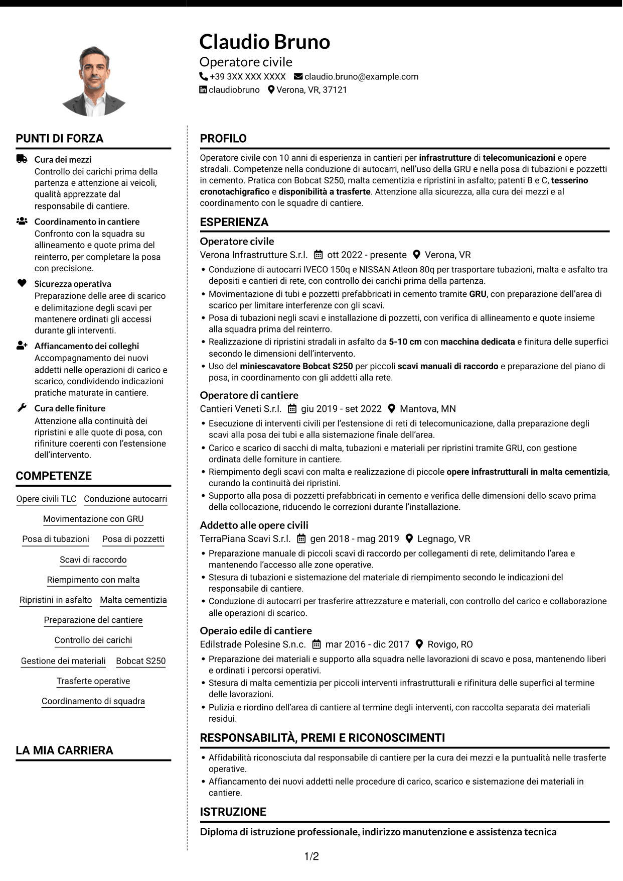 CV Moderno (formato a due colonne con foto a sinistra e separatore): Operatore civile - Infrastrutture per telecomunicazioni, pagina 1