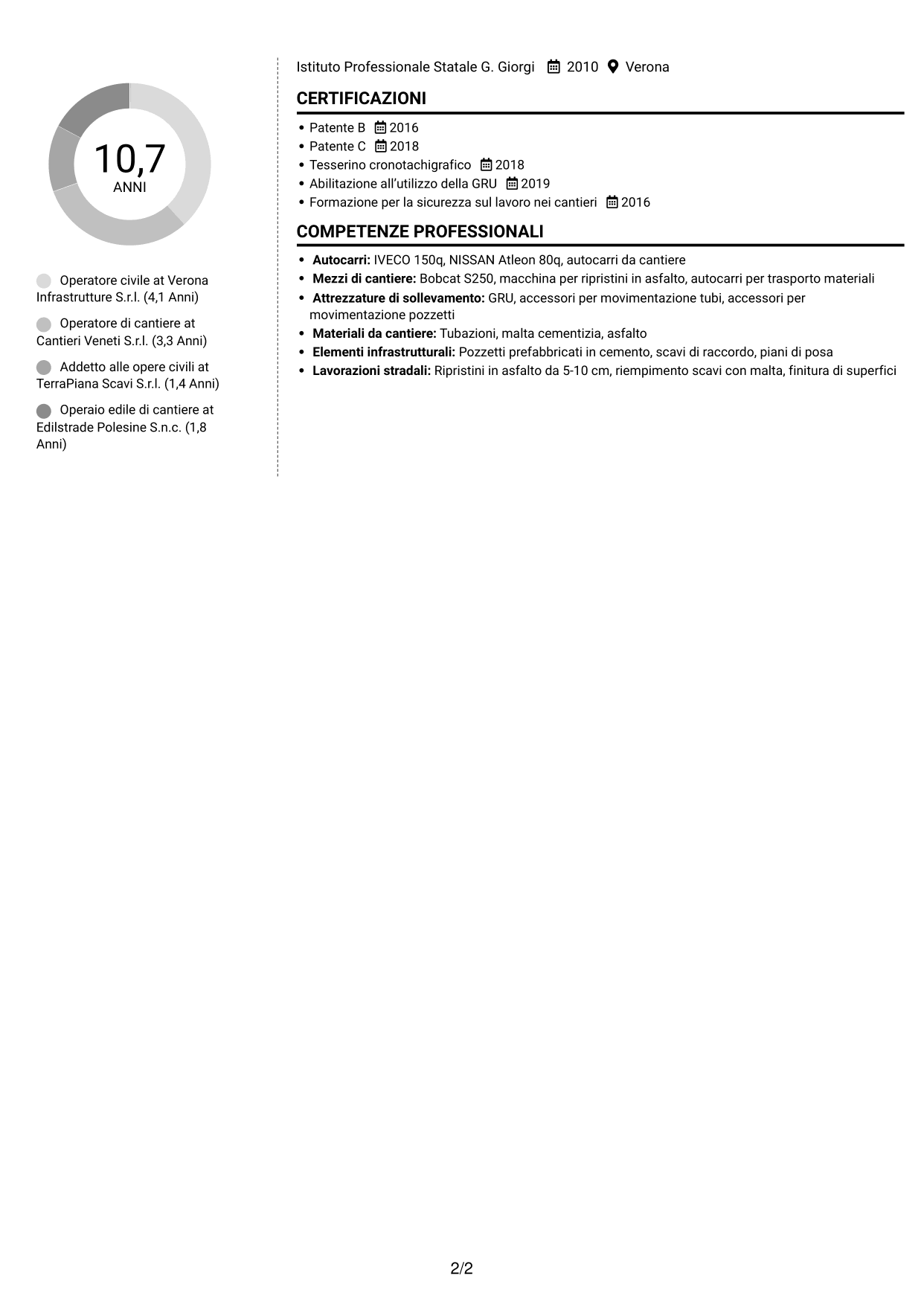CV Moderno (formato a due colonne con foto a sinistra e separatore): Operatore civile - Infrastrutture per telecomunicazioni, pagina 2