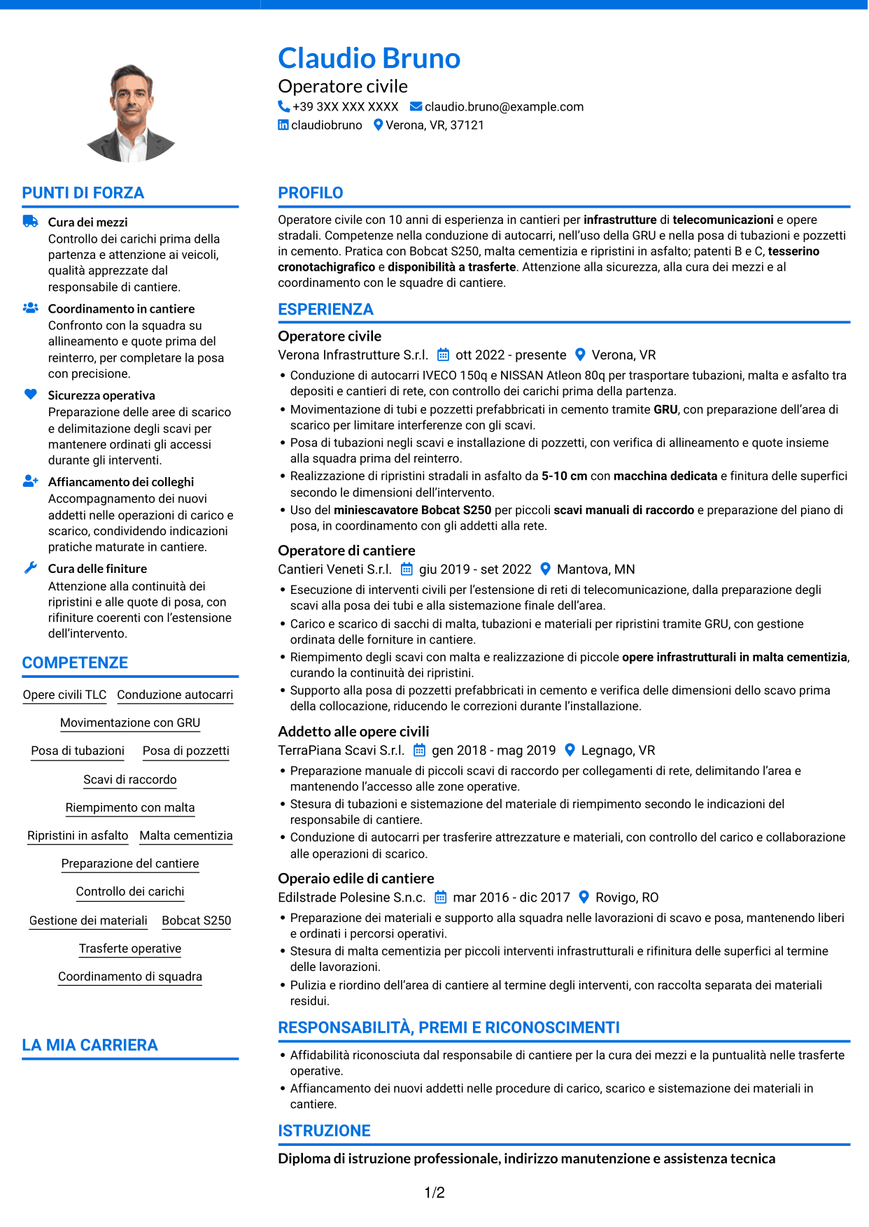 CV Audace (formato a due colonne con accenti colorati e foto): Operatore civile - Infrastrutture per telecomunicazioni, pagina 1