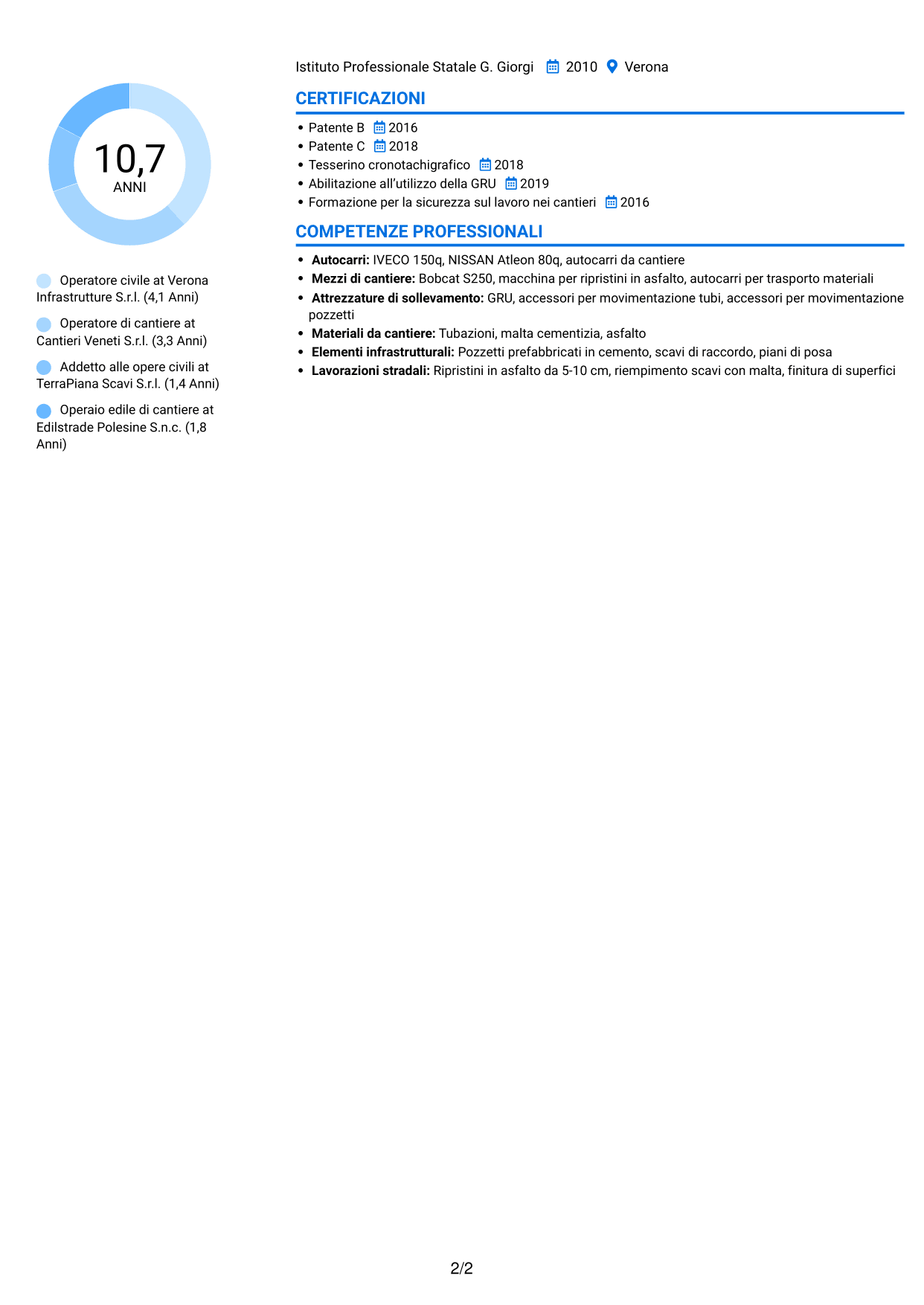 CV Audace (formato a due colonne con accenti colorati e foto): Operatore civile - Infrastrutture per telecomunicazioni, pagina 2