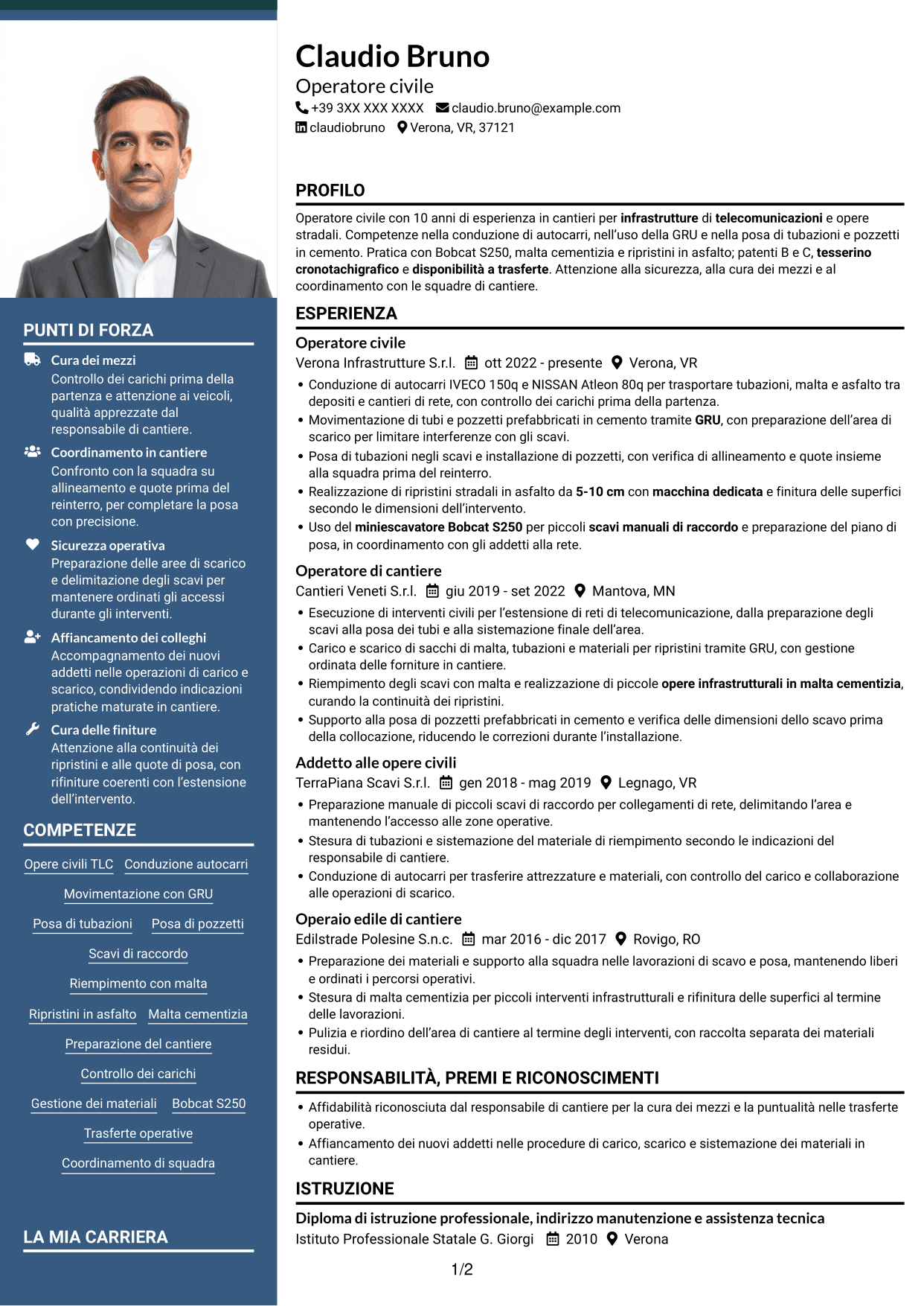 CV Signature (formato con colonna laterale colorata e foto grande): Operatore civile - Infrastrutture per telecomunicazioni, pagina 1