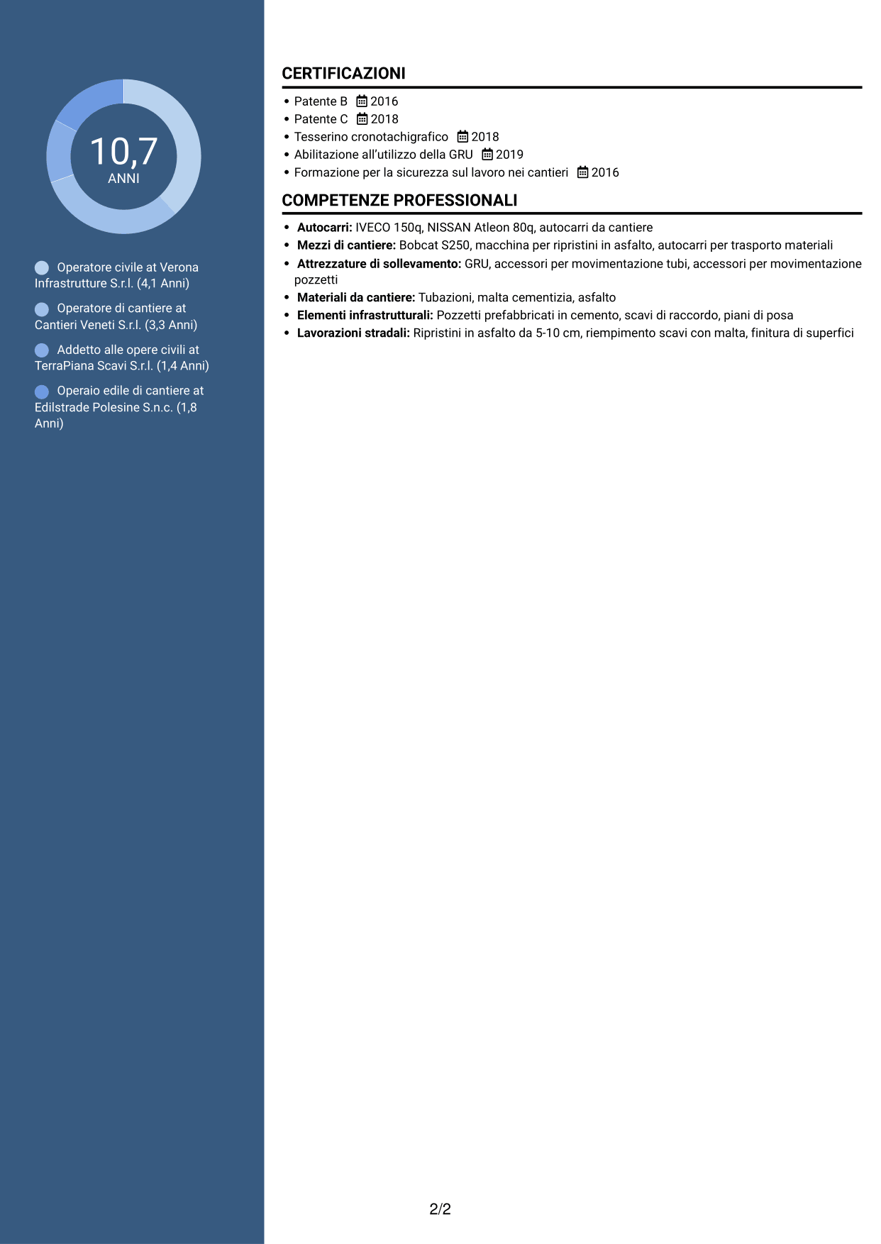 CV Signature (formato con colonna laterale colorata e foto grande): Operatore civile - Infrastrutture per telecomunicazioni, pagina 2