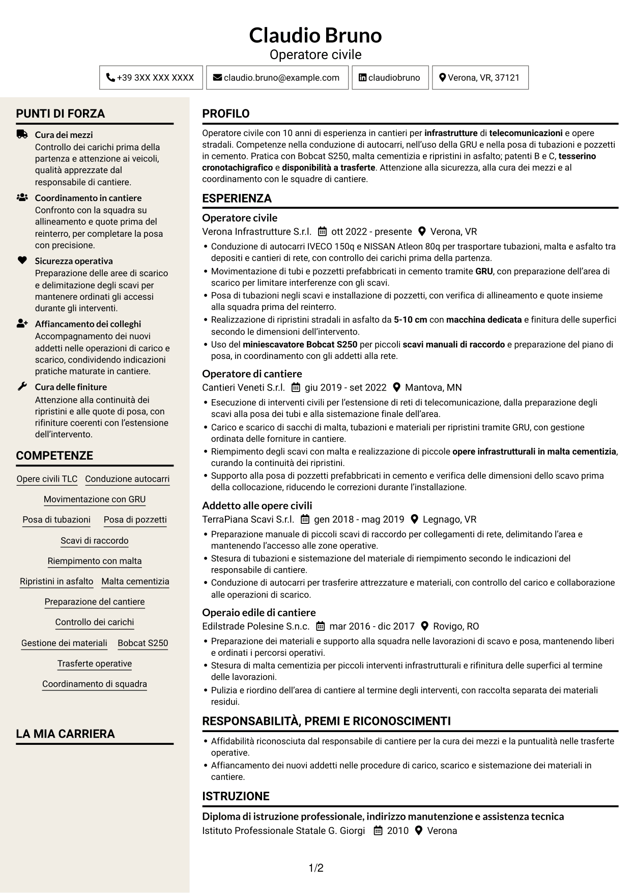 CV Intraprendente (formato a due colonne con intestazione centrata senza foto): Operatore civile - Infrastrutture per telecomunicazioni, pagina 1