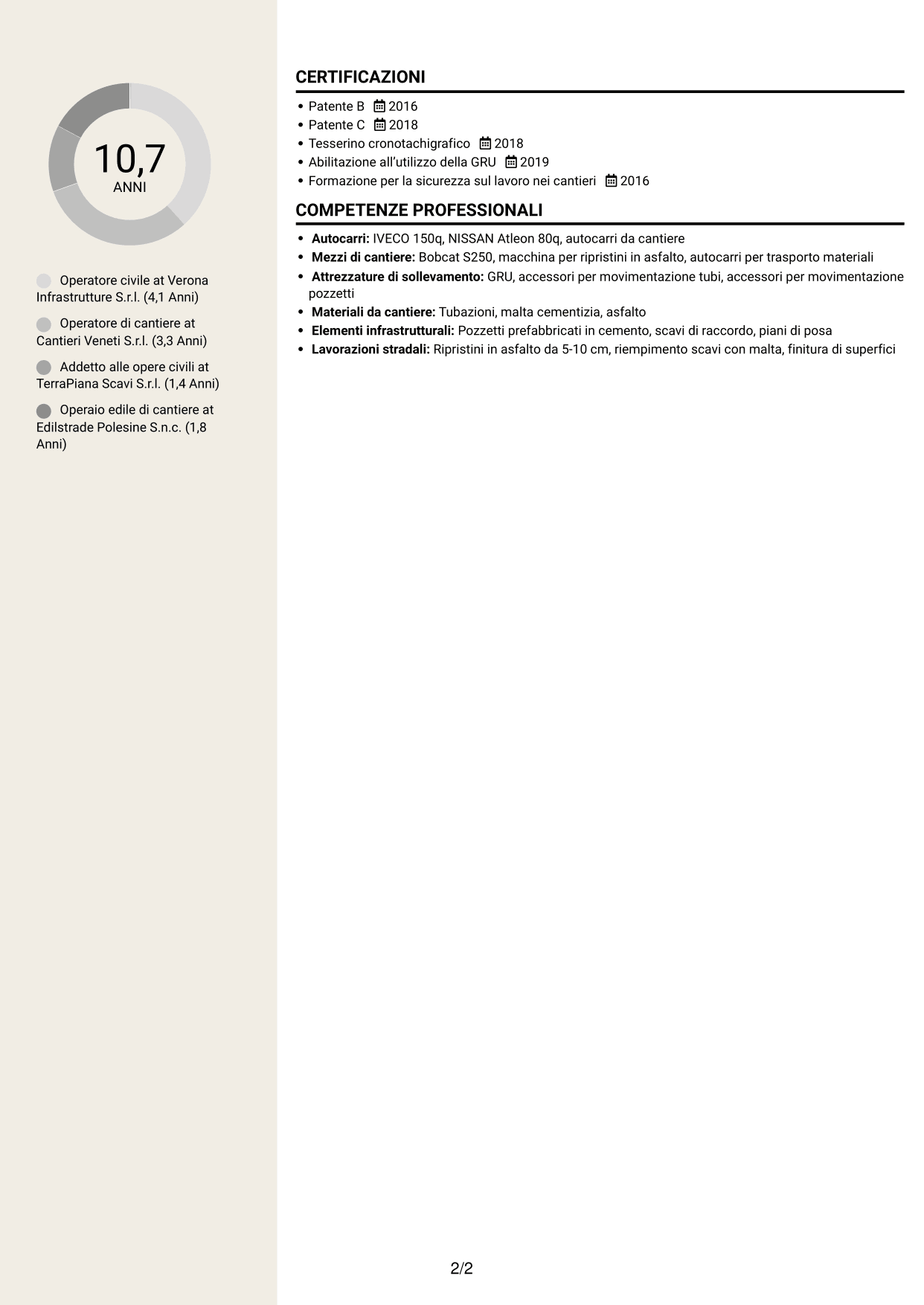 CV Intraprendente (formato a due colonne con intestazione centrata senza foto): Operatore civile - Infrastrutture per telecomunicazioni, pagina 2