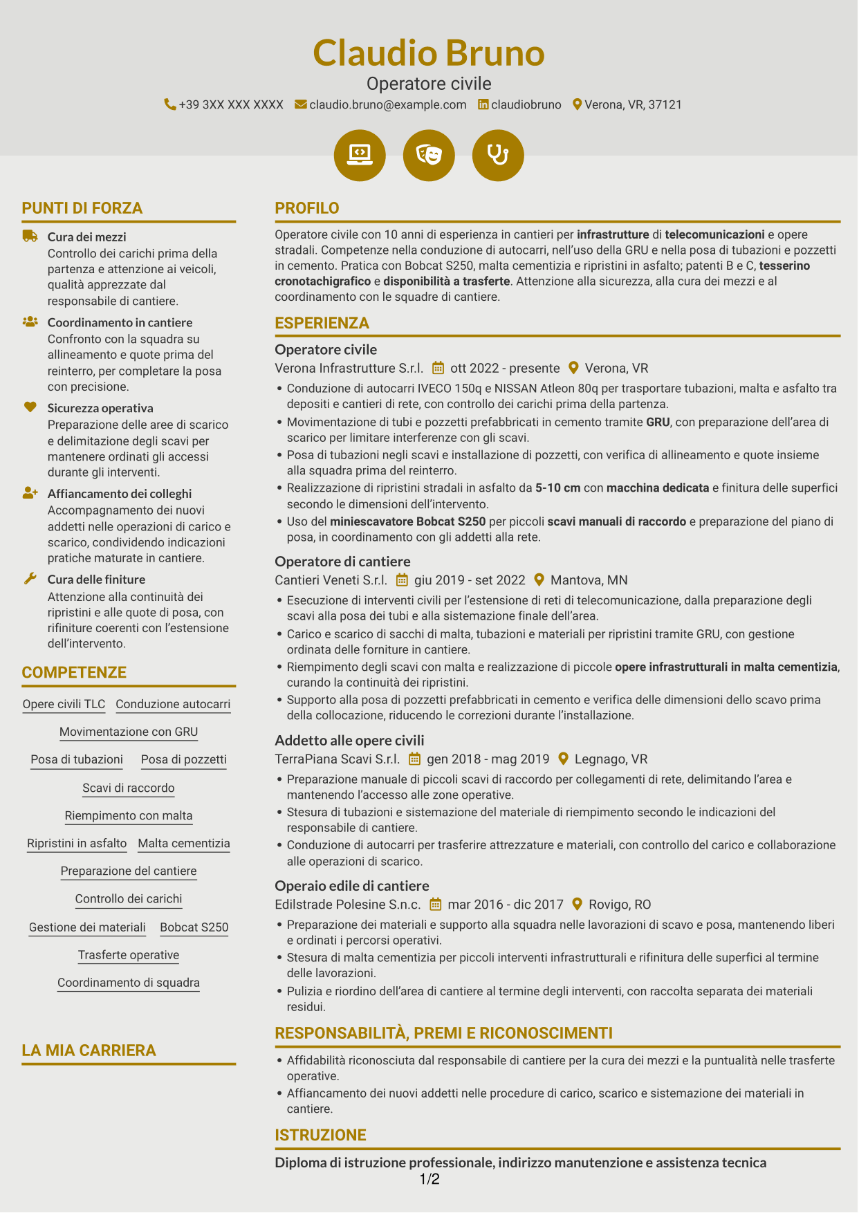 CV Dinamico (formato a due colonne con icone): Operatore civile - Infrastrutture per telecomunicazioni, pagina 1