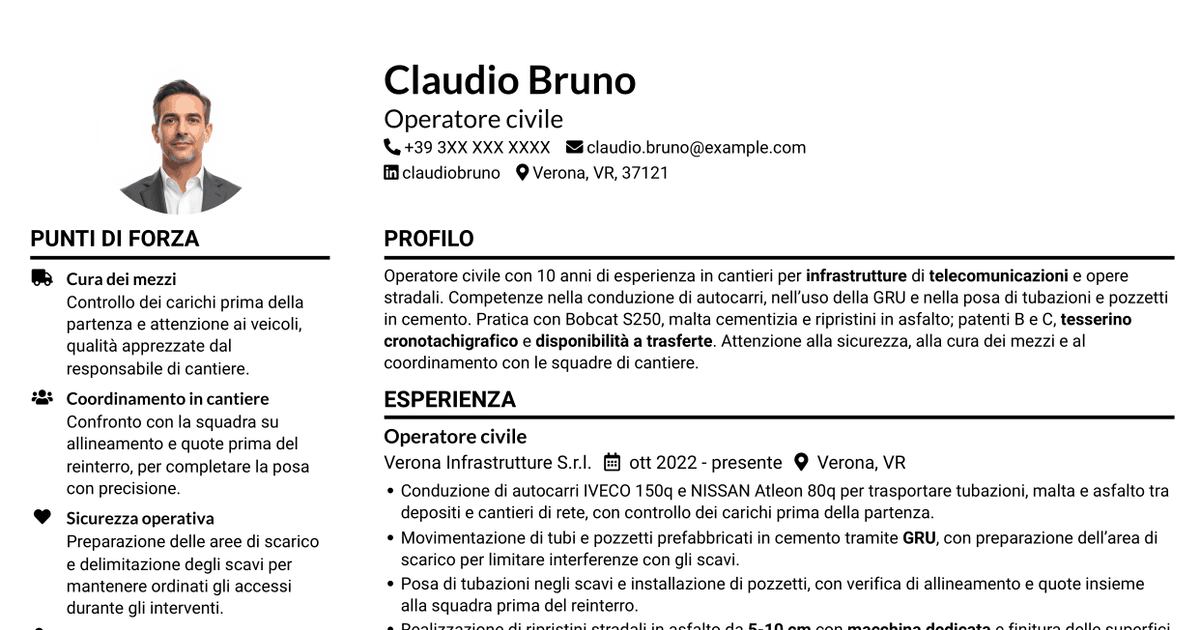 7 modelli di CV per Operatore civile - Infrastrutture per telecomunicazioni, con esempi