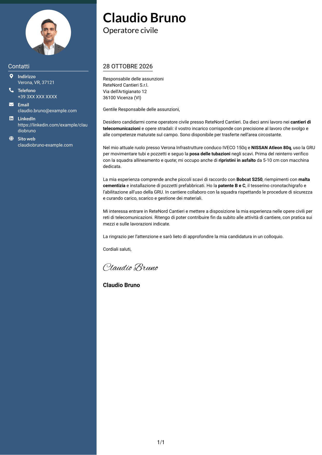 Lettera di presentazione Elegante (formato con colonna laterale colorata e foto): Operatore civile - Infrastrutture per telecomunicazioni, pagina 1