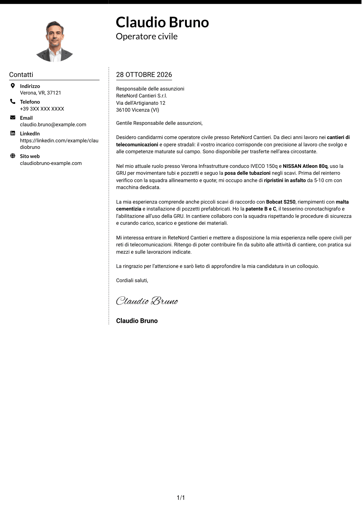 Lettera di presentazione Moderno (formato a due colonne con foto a sinistra e separatore): Operatore civile - Infrastrutture per telecomunicazioni, pagina 1