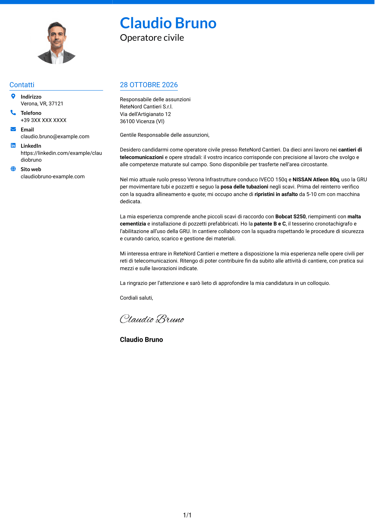 Lettera di presentazione Audace (formato a due colonne con accenti colorati e foto): Operatore civile - Infrastrutture per telecomunicazioni, pagina 1