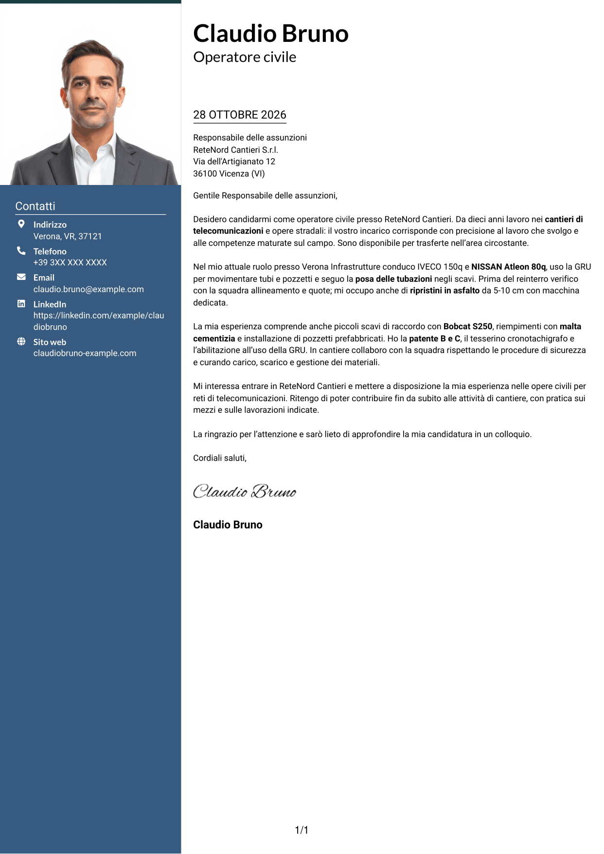 Lettera di presentazione Signature (formato con colonna laterale colorata e foto grande): Operatore civile - Infrastrutture per telecomunicazioni, pagina 1