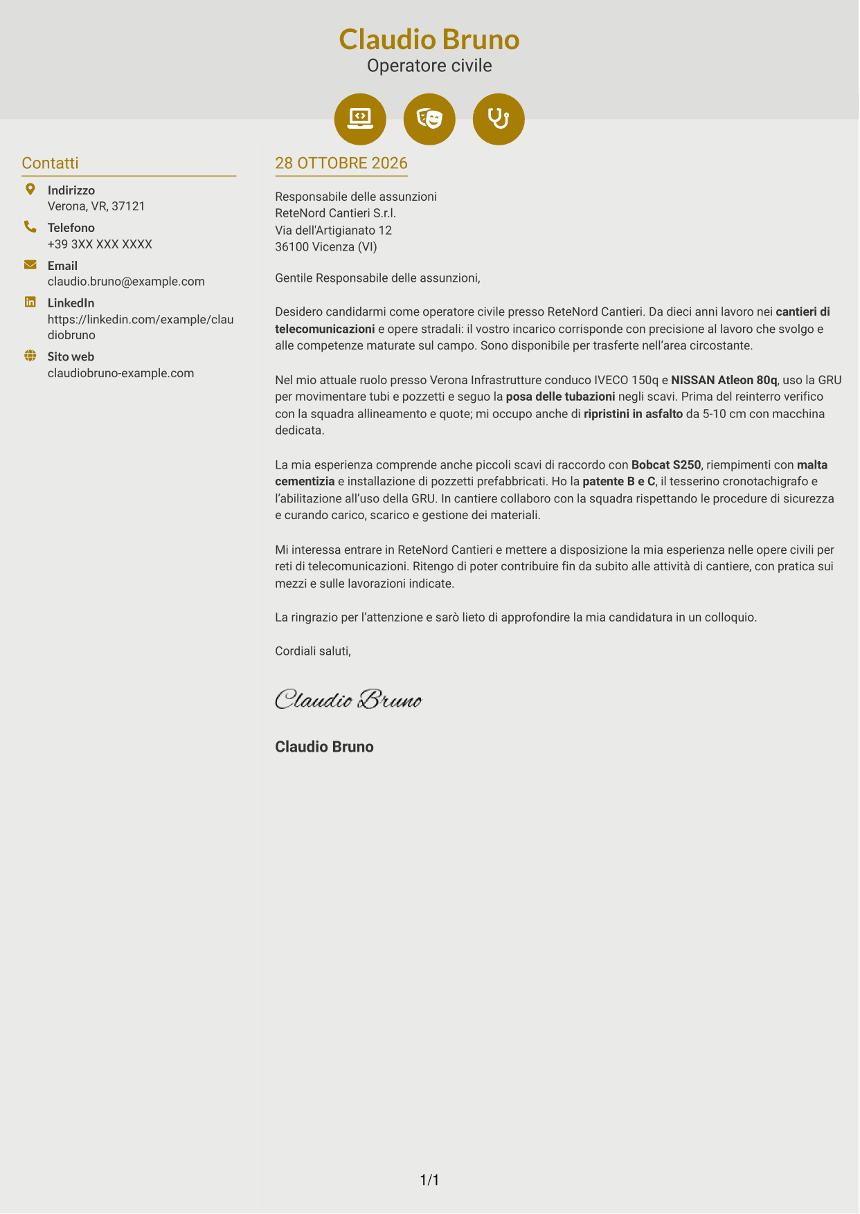 Lettera di presentazione Dinamico (formato a due colonne con icone): Operatore civile - Infrastrutture per telecomunicazioni, pagina 1