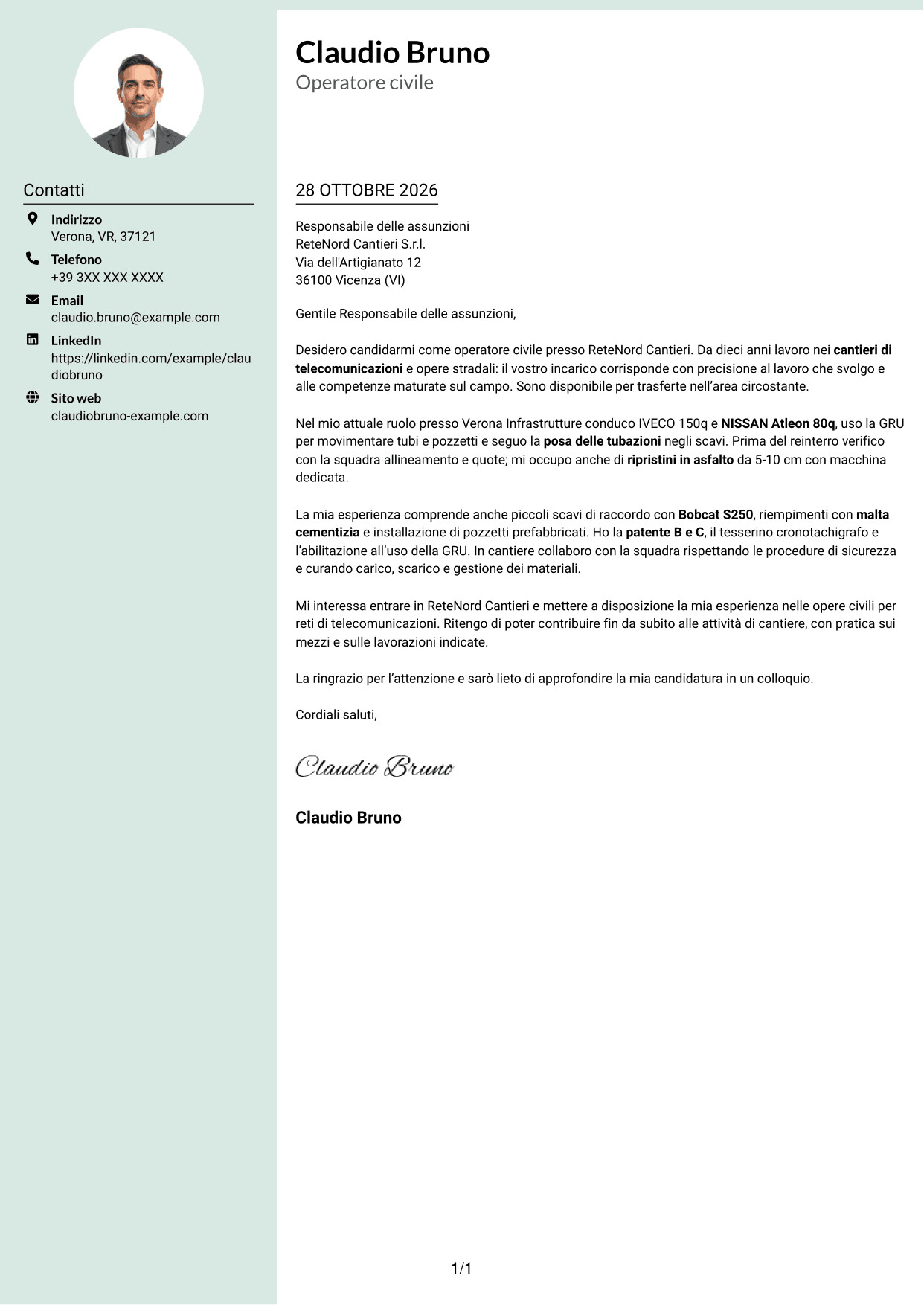 Lettera di presentazione Dirigente (formato con colonna laterale tenue e foto arrotondata): Operatore civile - Infrastrutture per telecomunicazioni, pagina 1