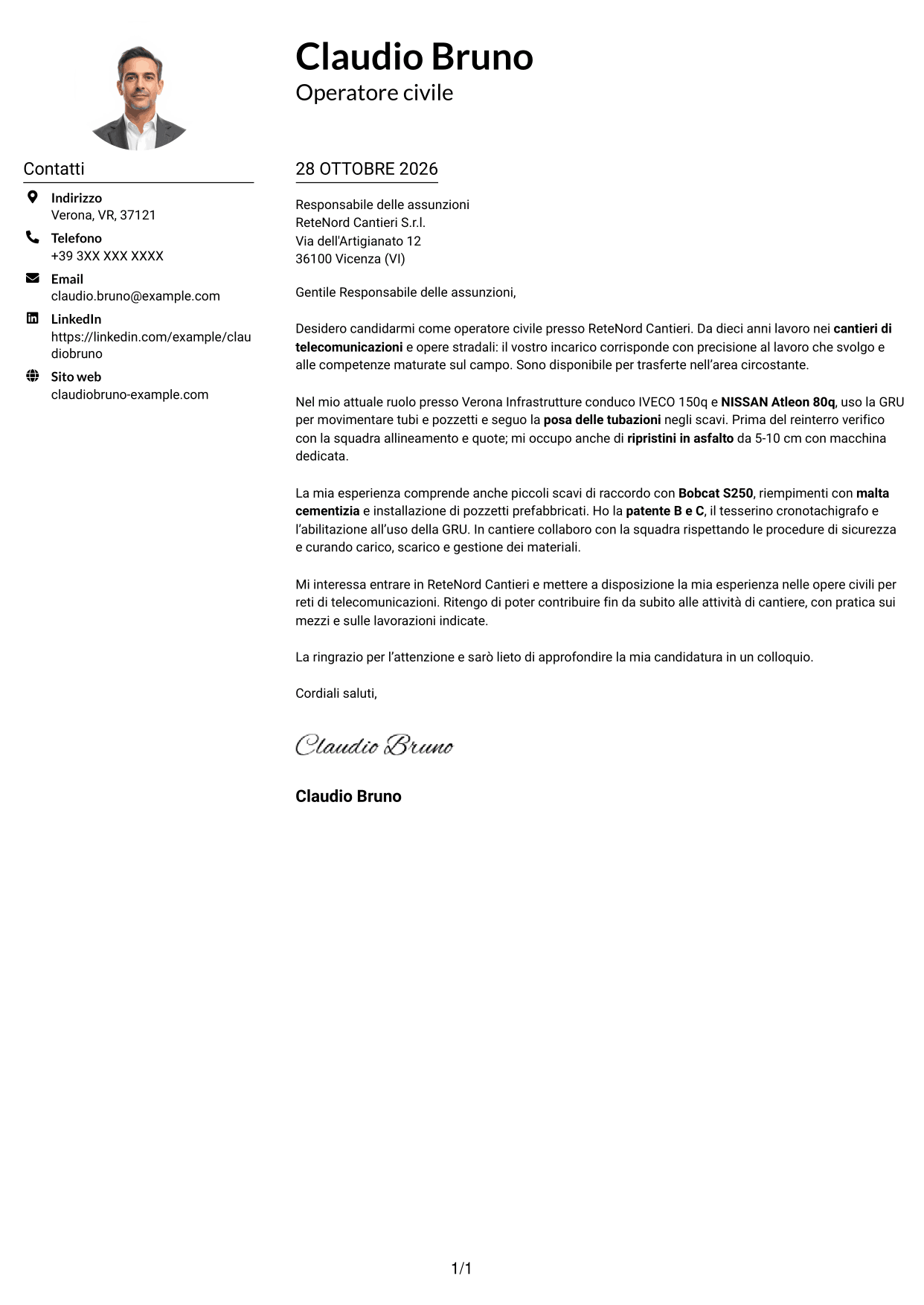Esempio di lettera di presentazione — pagina 1