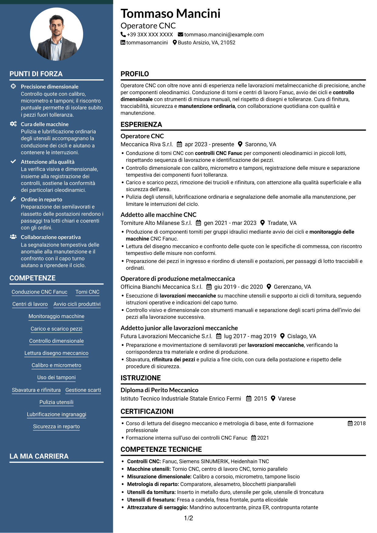 CV Elegante (formato con colonna laterale colorata e foto): Operatore CNC - Componenti oleodinamici, pagina 1