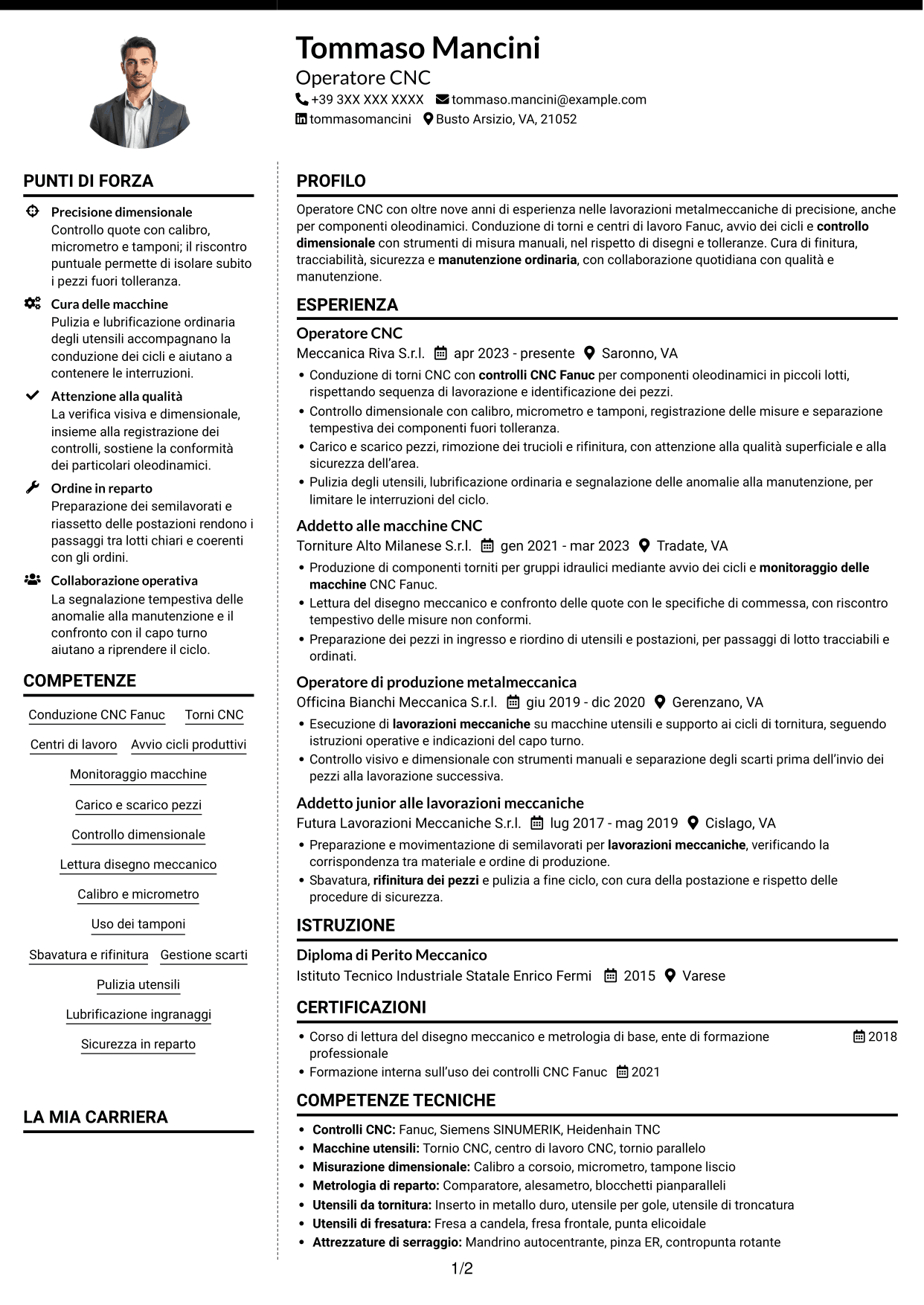 CV Moderno (formato a due colonne con foto a sinistra e separatore): Operatore CNC - Componenti oleodinamici, pagina 1