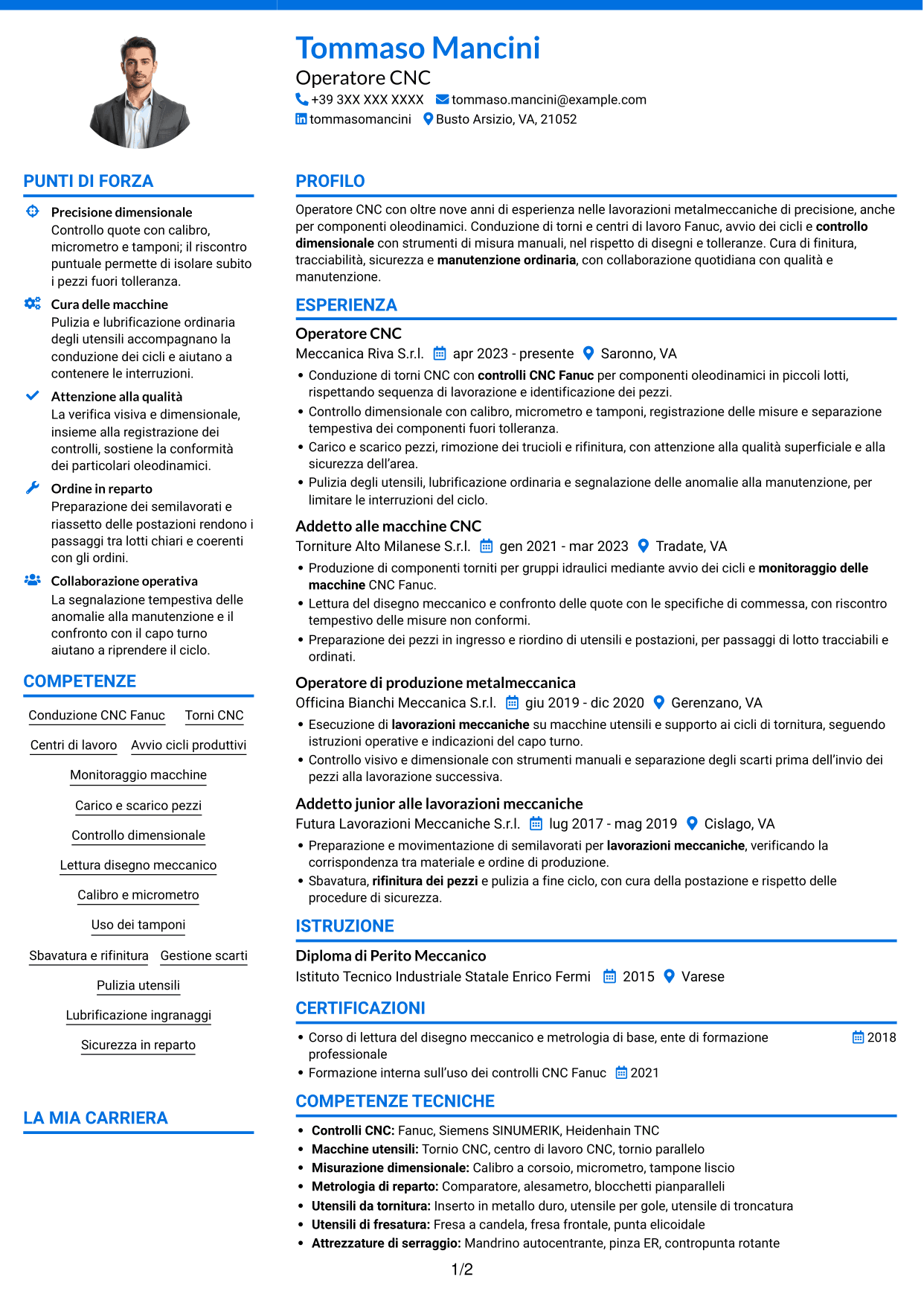 CV Audace (formato a due colonne con accenti colorati e foto): Operatore CNC - Componenti oleodinamici, pagina 1