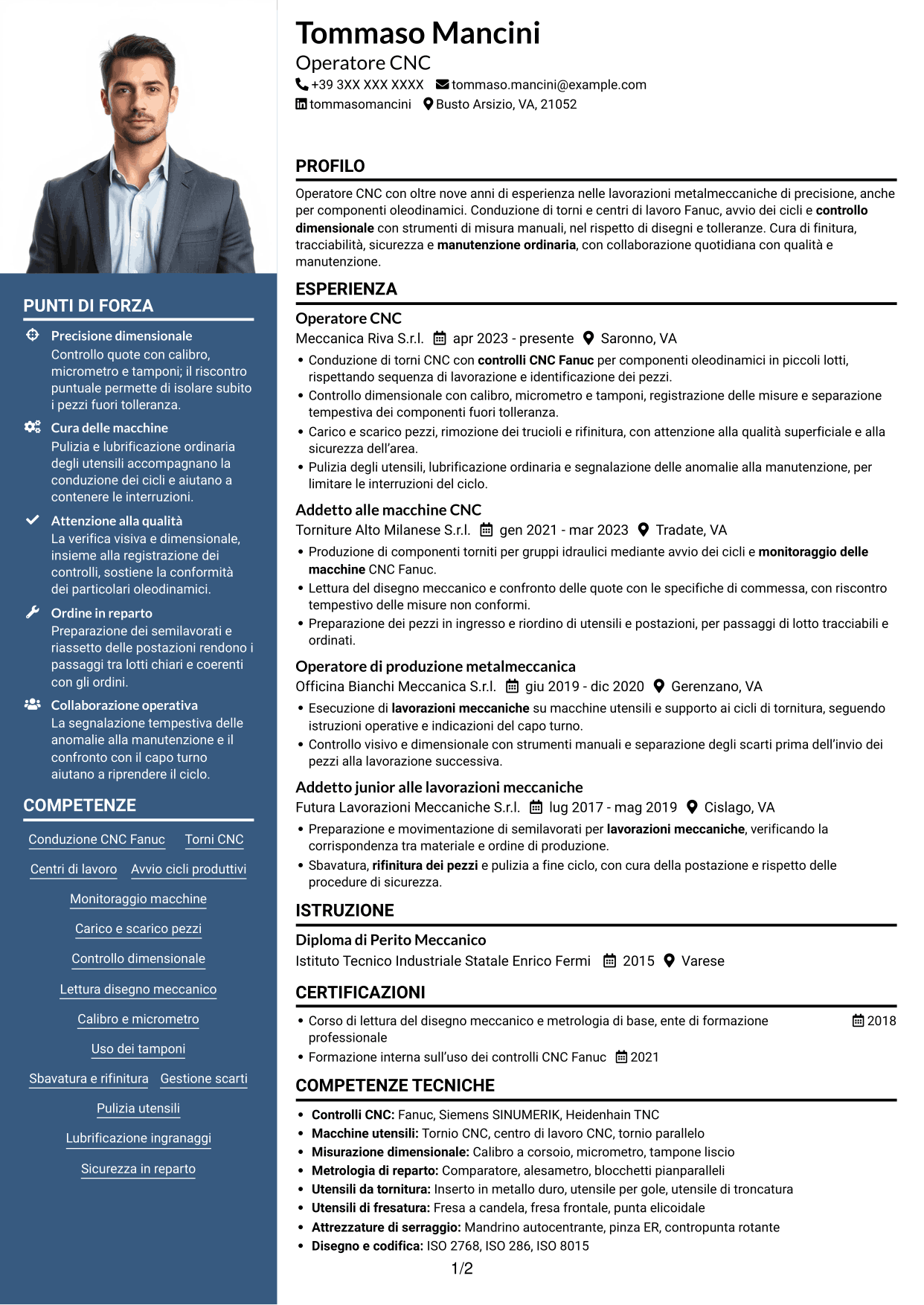 CV Signature (formato con colonna laterale colorata e foto grande): Operatore CNC - Componenti oleodinamici, pagina 1