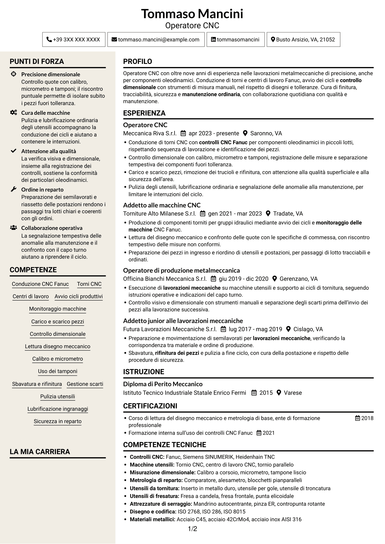 CV Intraprendente (formato a due colonne con intestazione centrata senza foto): Operatore CNC - Componenti oleodinamici, pagina 1
