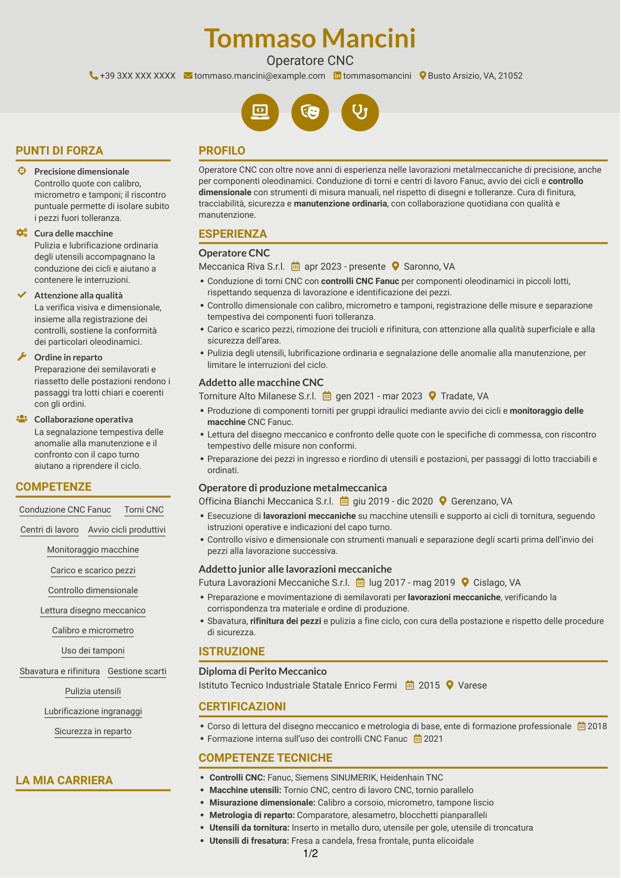 CV Dinamico (formato a due colonne con icone): Operatore CNC - Componenti oleodinamici, pagina 1