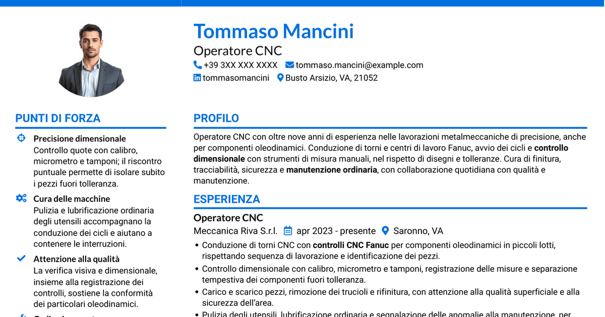 7 modelli di CV per Operatore CNC - Componenti oleodinamici, con esempi
