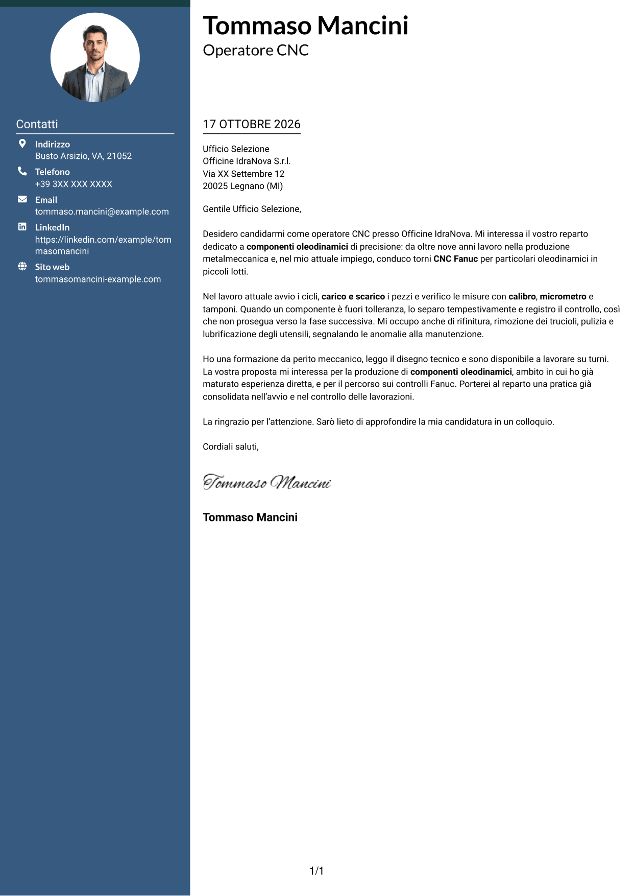 Lettera di presentazione Elegante (formato con colonna laterale colorata e foto): Operatore CNC - Componenti oleodinamici, pagina 1