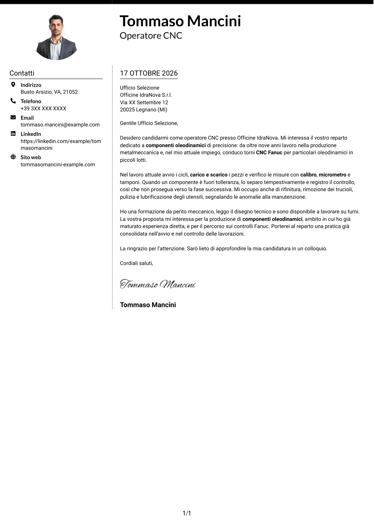 Lettera di presentazione Moderno (formato a due colonne con foto a sinistra e separatore): Operatore CNC - Componenti oleodinamici, pagina 1