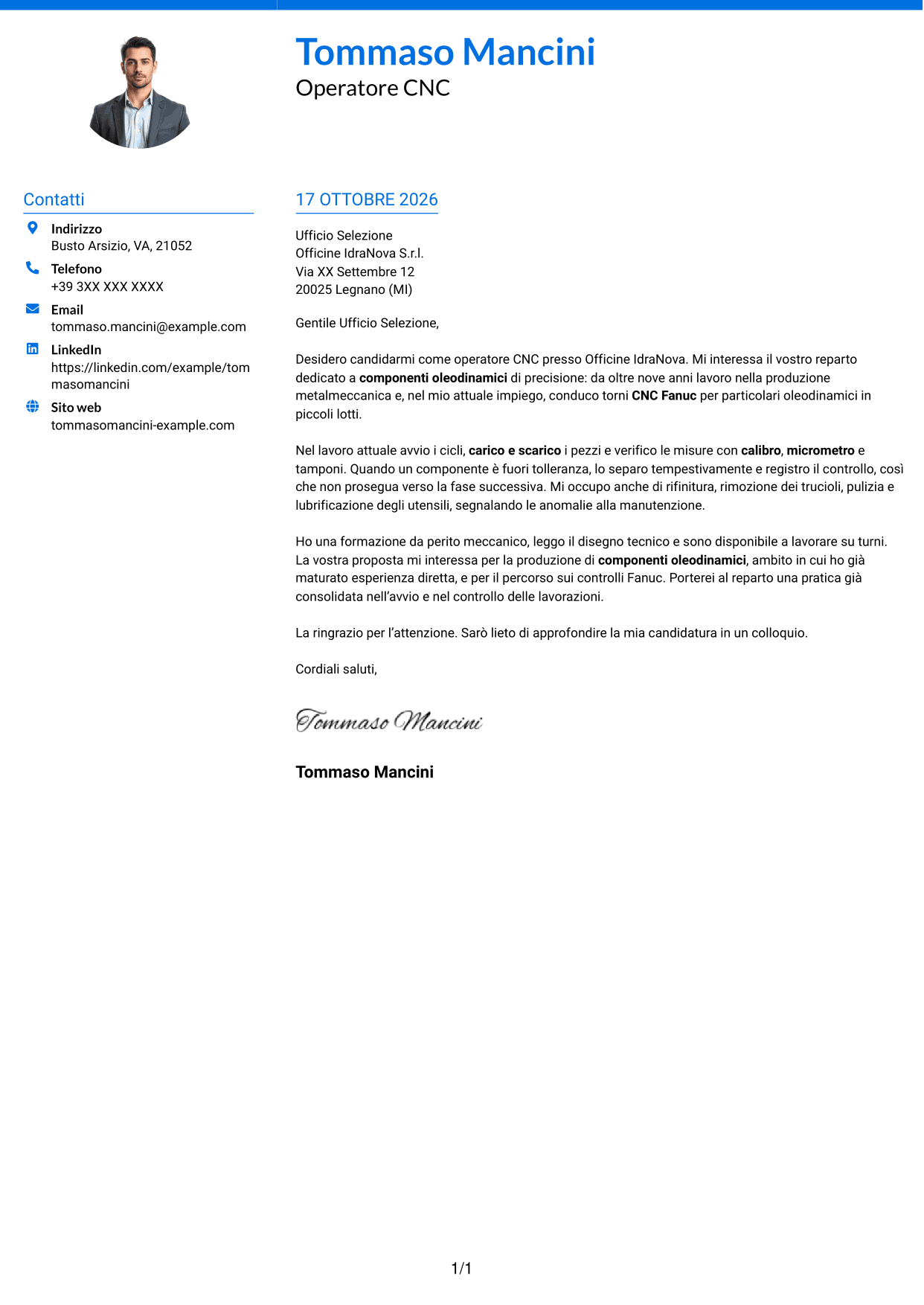 Lettera di presentazione Audace (formato a due colonne con accenti colorati e foto): Operatore CNC - Componenti oleodinamici, pagina 1