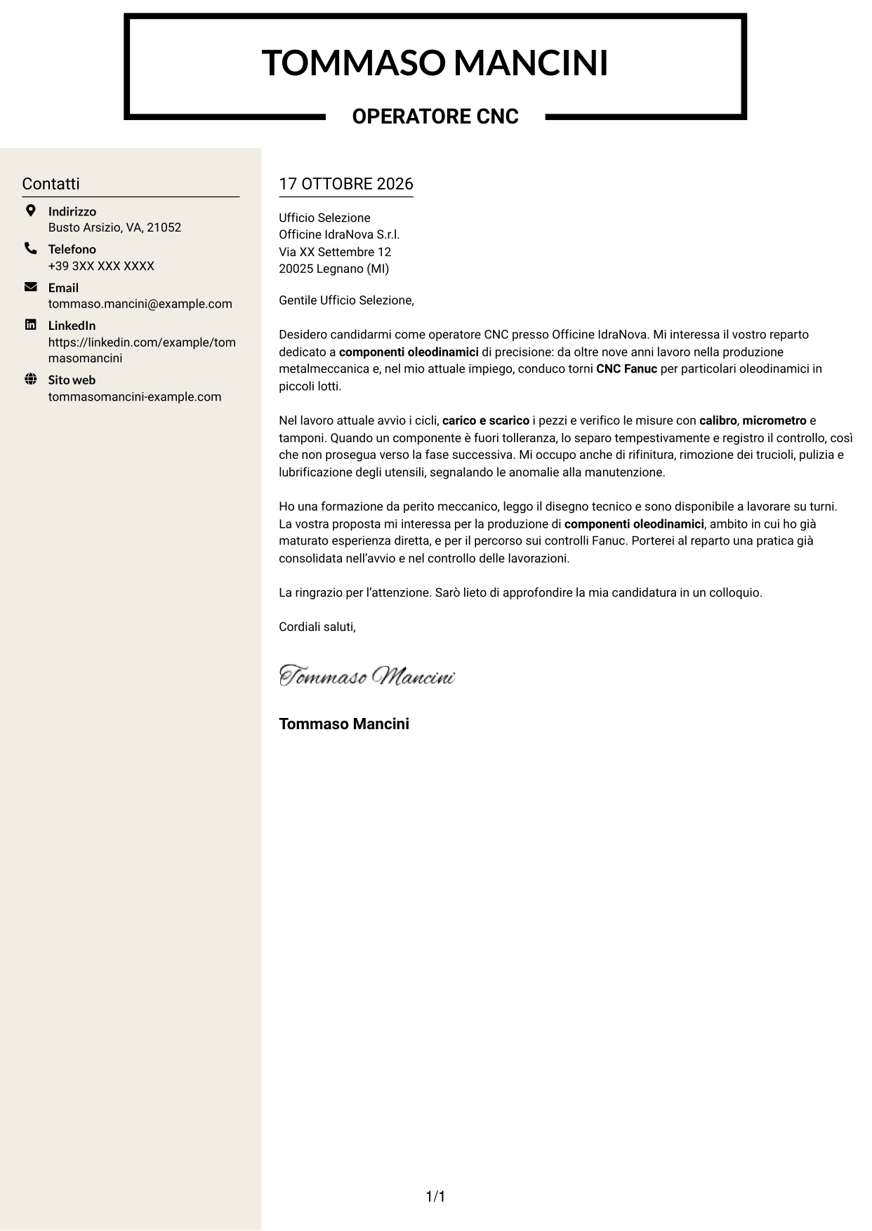 Lettera di presentazione Intraprendente (formato a due colonne con intestazione centrata senza foto): Operatore CNC - Componenti oleodinamici, pagina 1