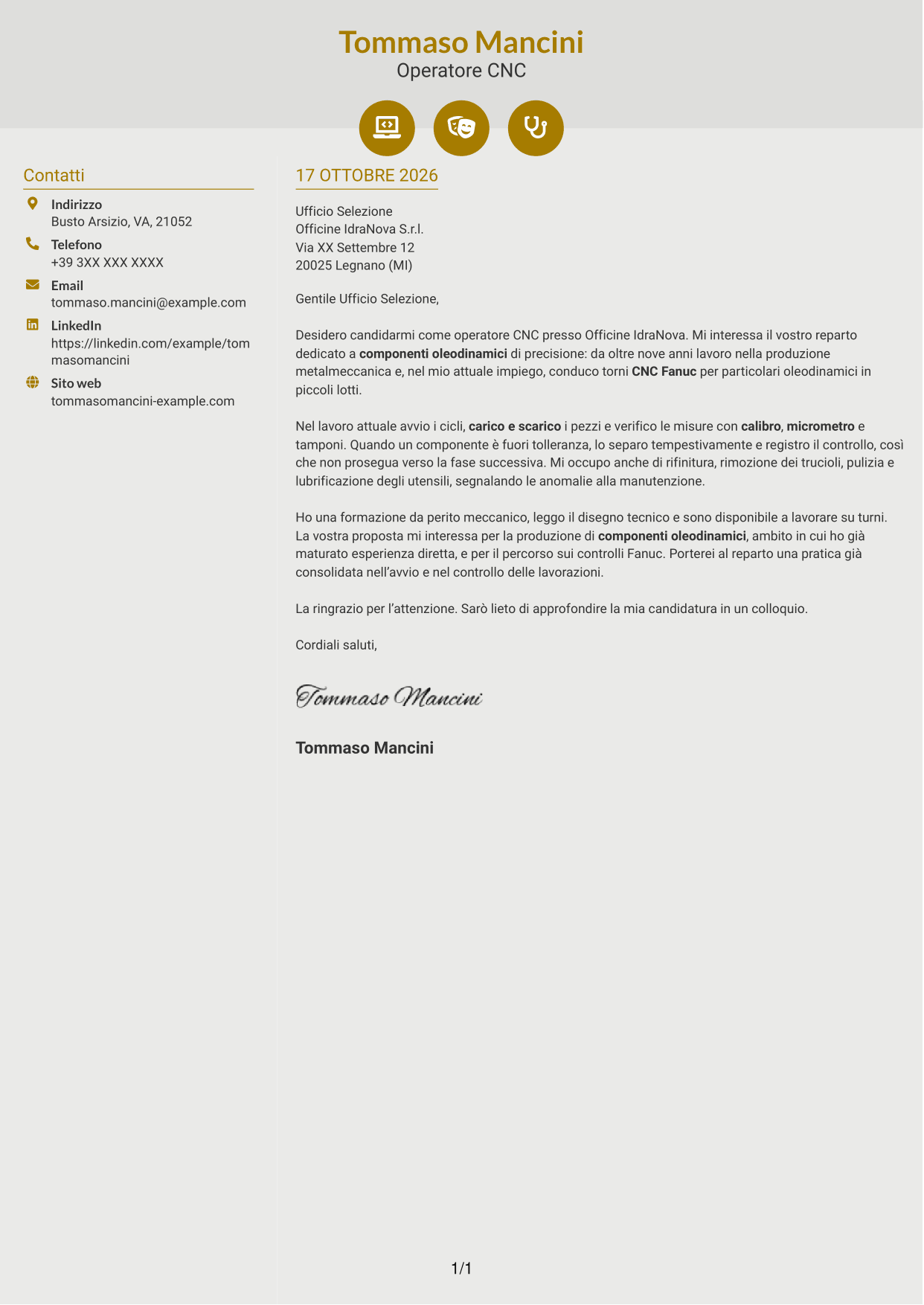 Lettera di presentazione Dinamico (formato a due colonne con icone): Operatore CNC - Componenti oleodinamici, pagina 1