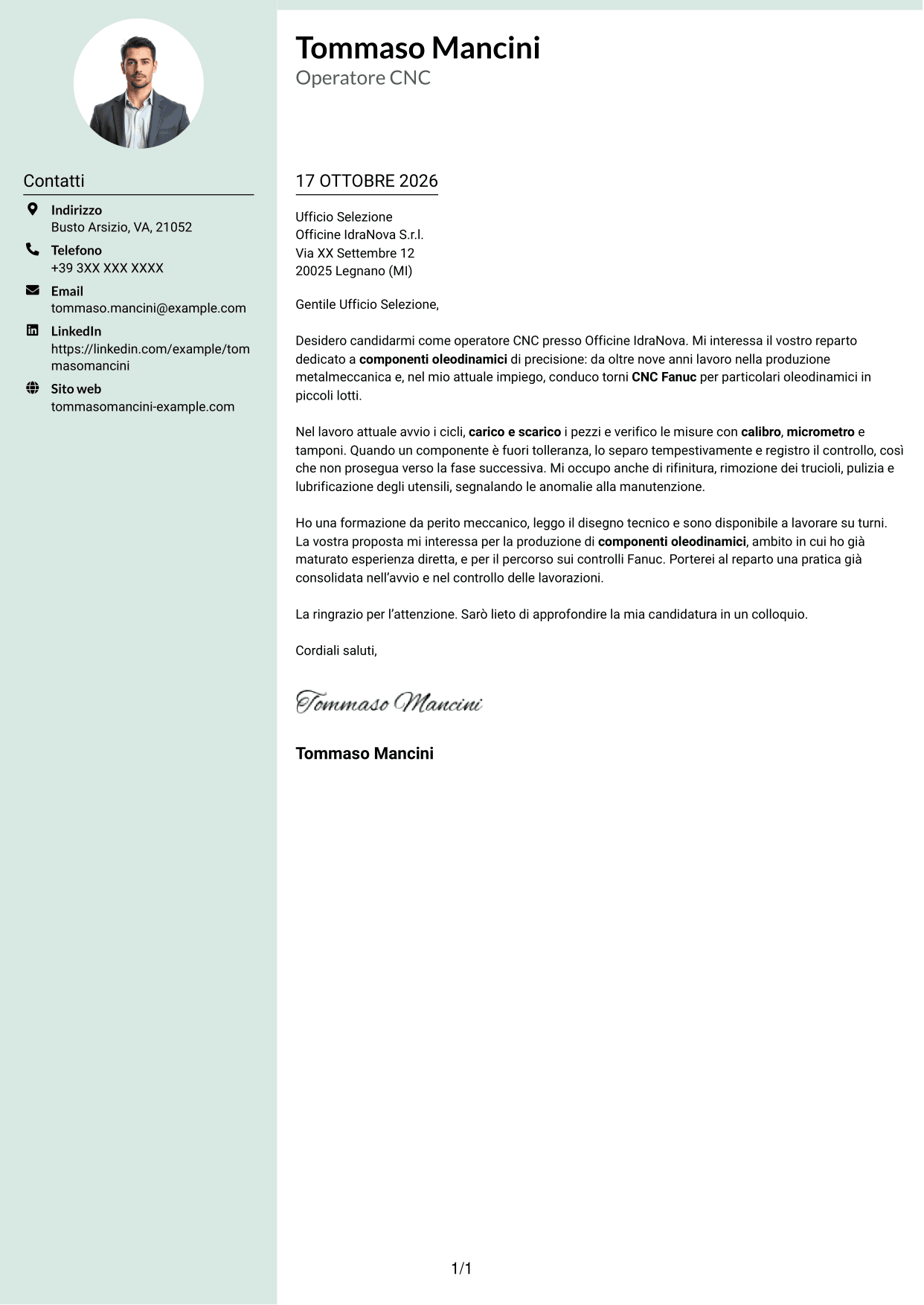 Lettera di presentazione Dirigente (formato con colonna laterale tenue e foto arrotondata): Operatore CNC - Componenti oleodinamici, pagina 1