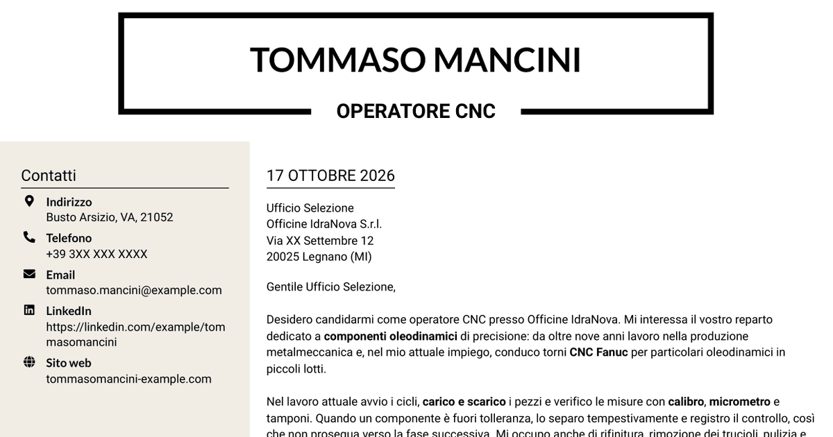 7 modelli di lettera di presentazione per Operatore CNC - Componenti oleodinamici, con esempi