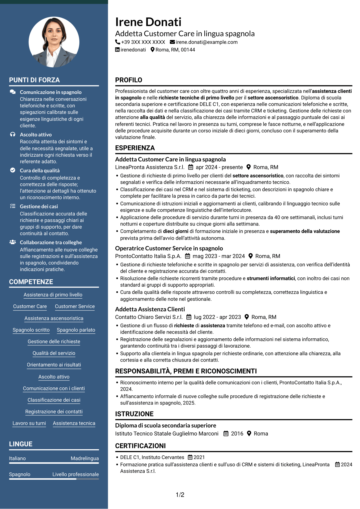 CV Elegante (formato con colonna laterale colorata e foto): Operatore Customer Care - Assistenza tecnica ascensoristica in spagnolo, pagina 1