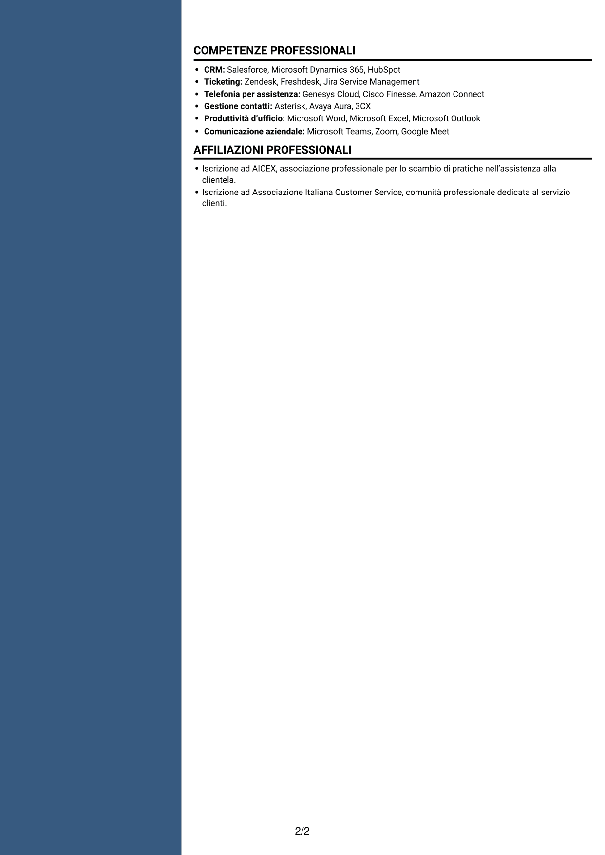 CV Elegante (formato con colonna laterale colorata e foto): Operatore Customer Care - Assistenza tecnica ascensoristica in spagnolo, pagina 2