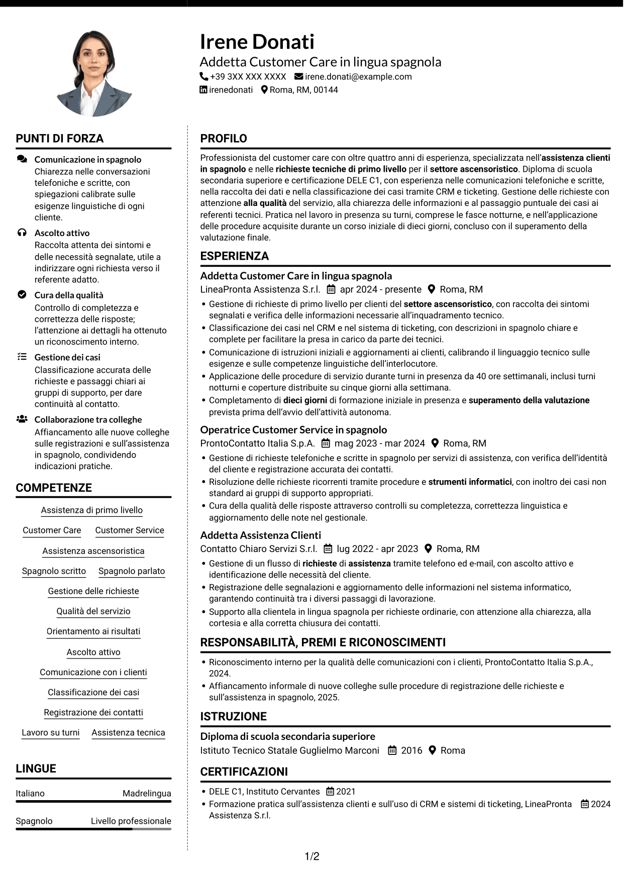 CV Moderno (formato a due colonne con foto a sinistra e separatore): Operatore Customer Care - Assistenza tecnica ascensoristica in spagnolo, pagina 1