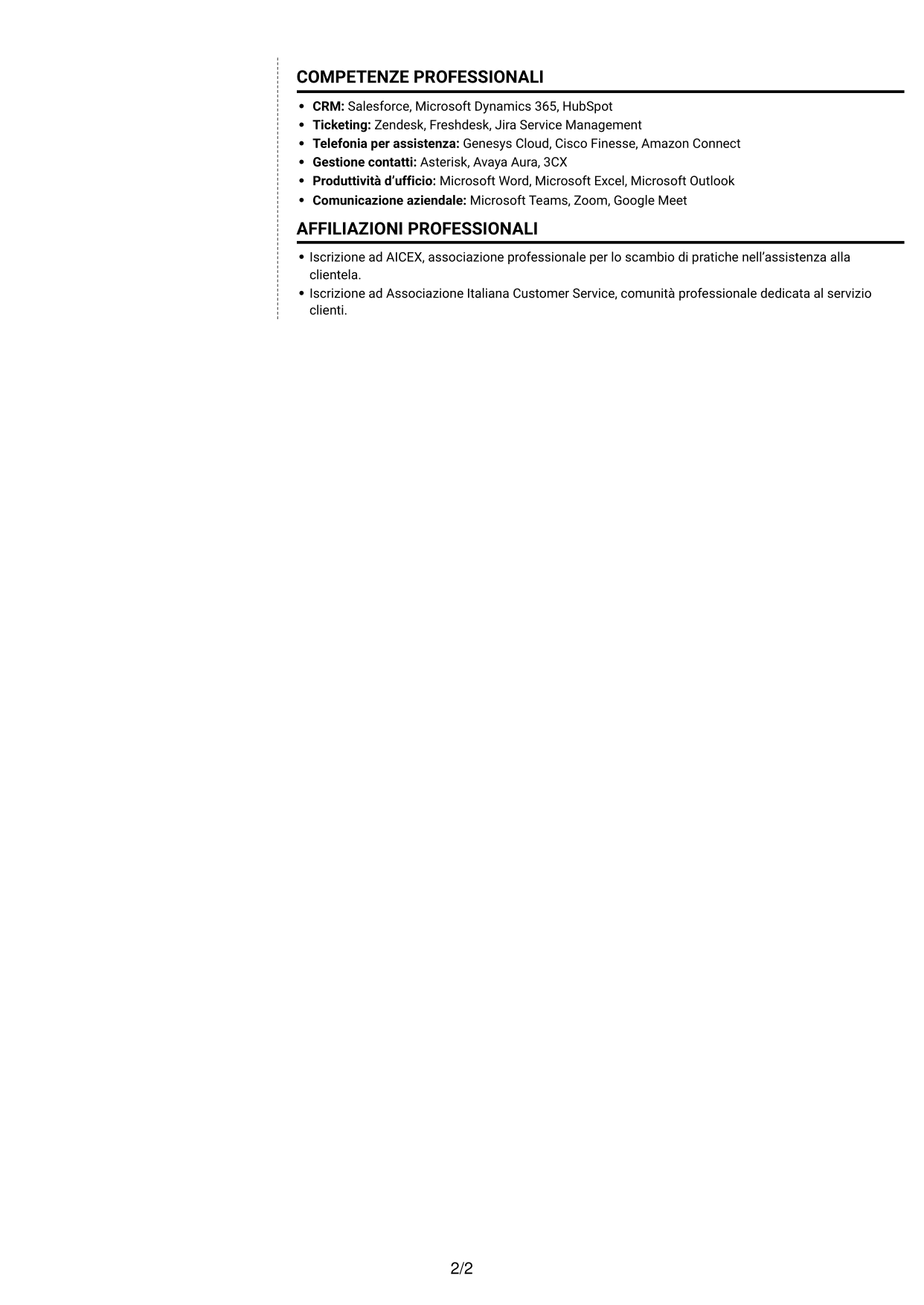 CV Moderno (formato a due colonne con foto a sinistra e separatore): Operatore Customer Care - Assistenza tecnica ascensoristica in spagnolo, pagina 2