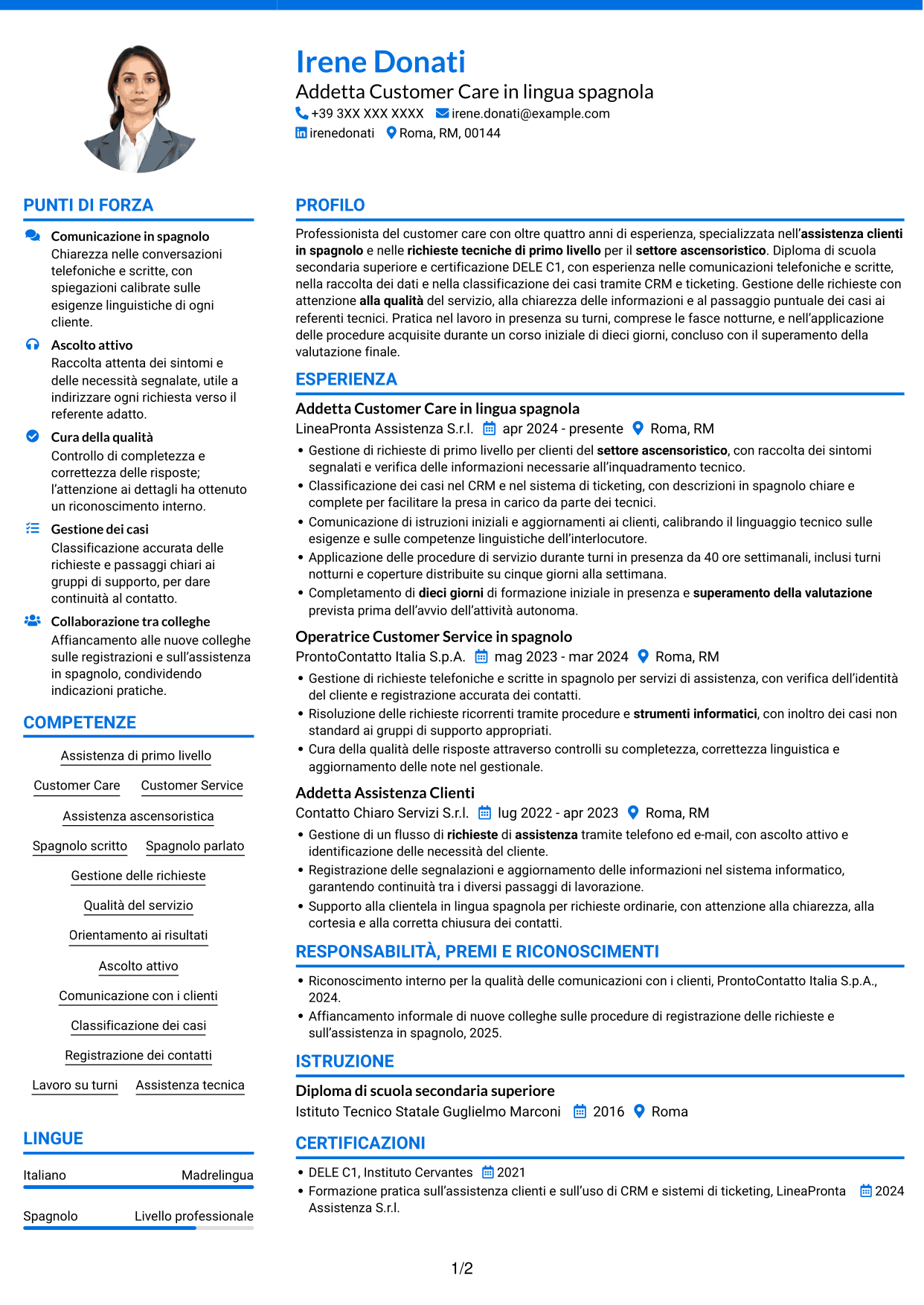CV Audace (formato a due colonne con accenti colorati e foto): Operatore Customer Care - Assistenza tecnica ascensoristica in spagnolo, pagina 1
