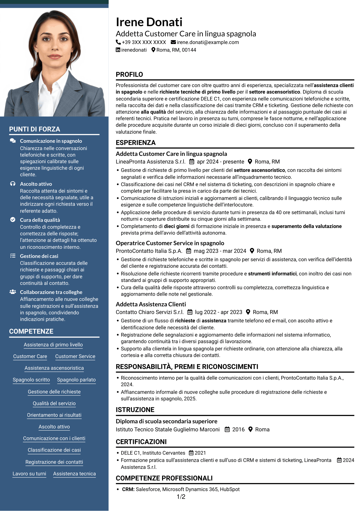 CV Signature (formato con colonna laterale colorata e foto grande): Operatore Customer Care - Assistenza tecnica ascensoristica in spagnolo, pagina 1