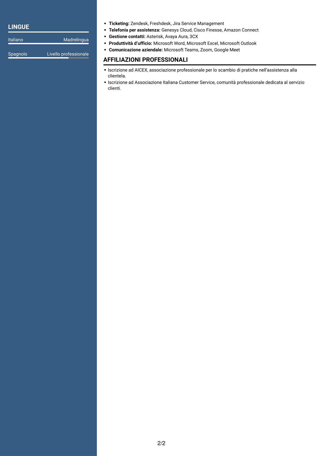 CV Signature (formato con colonna laterale colorata e foto grande): Operatore Customer Care - Assistenza tecnica ascensoristica in spagnolo, pagina 2