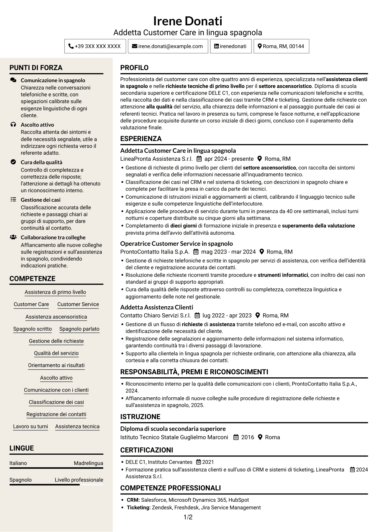CV Intraprendente (formato a due colonne con intestazione centrata senza foto): Operatore Customer Care - Assistenza tecnica ascensoristica in spagnolo, pagina 1