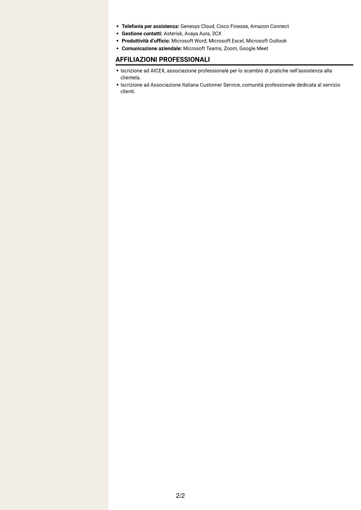 CV Intraprendente (formato a due colonne con intestazione centrata senza foto): Operatore Customer Care - Assistenza tecnica ascensoristica in spagnolo, pagina 2