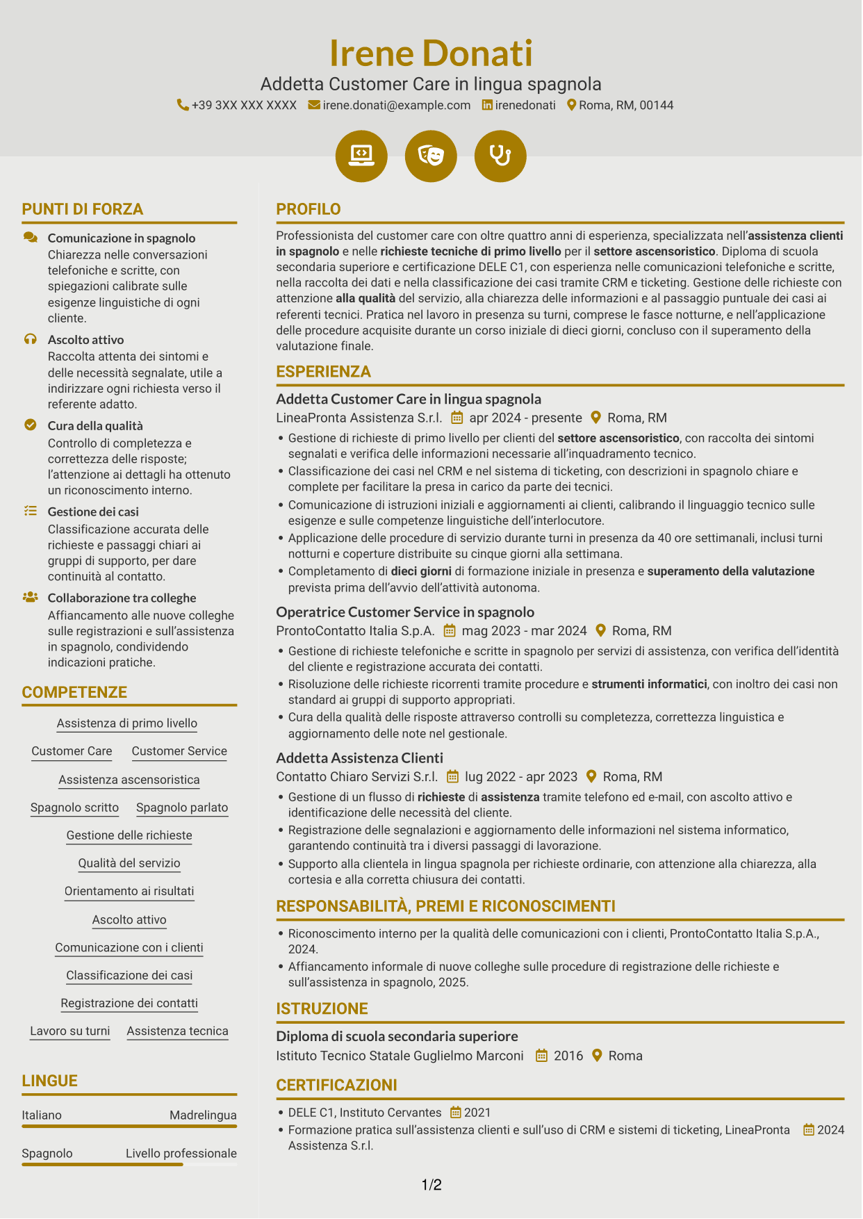 CV Dinamico (formato a due colonne con icone): Operatore Customer Care - Assistenza tecnica ascensoristica in spagnolo, pagina 1