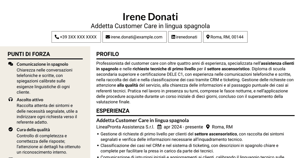 7 modelli di CV per Operatore Customer Care - Assistenza tecnica ascensoristica in spagnolo, con esempi